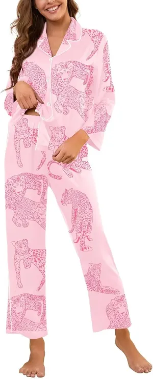 Brosloth Womens Silk Pajamas Long Sleeve Button Down Animal Print Cute Pjs Set Satin Pajama Set Sleepwear