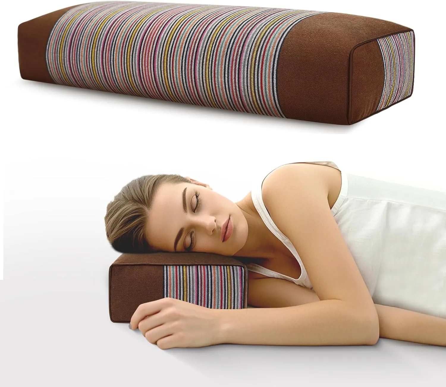Buckwheat Pillow & Cervical Pillows for Sleeping（21x8x3inch） 100% Organic Coarse Cloth Package w Organic Buckwheat Hulls， Natural Cooling Technology and Relieve Cervical Pain. (Brown)