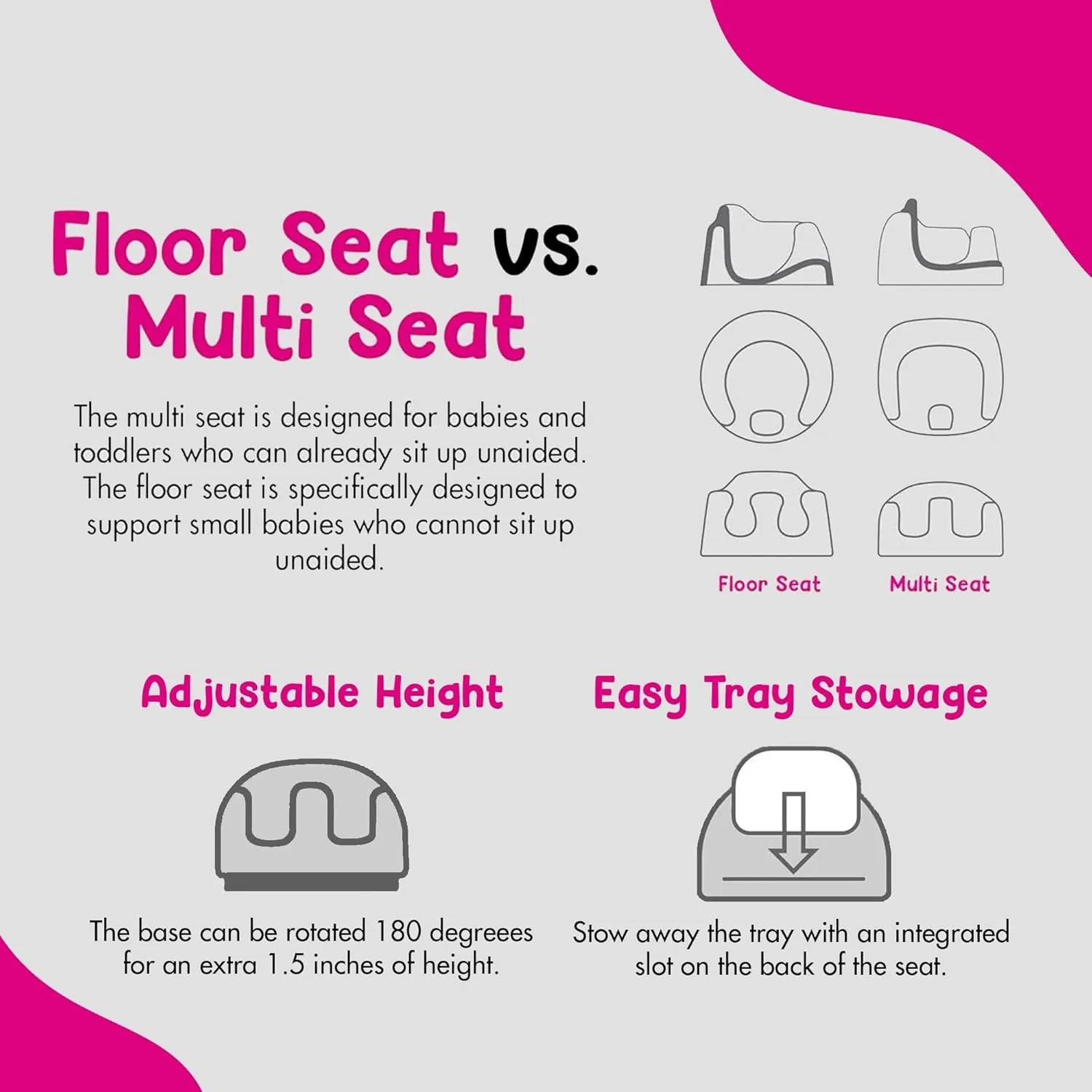 Bumbo 3-in-1 Baby Multi Seat Booster with Feeding Tray, 6-36 Months Old, Cradle Pink - High Chair and Floor Seat Accessory for Babies, Infants, and Toddlers