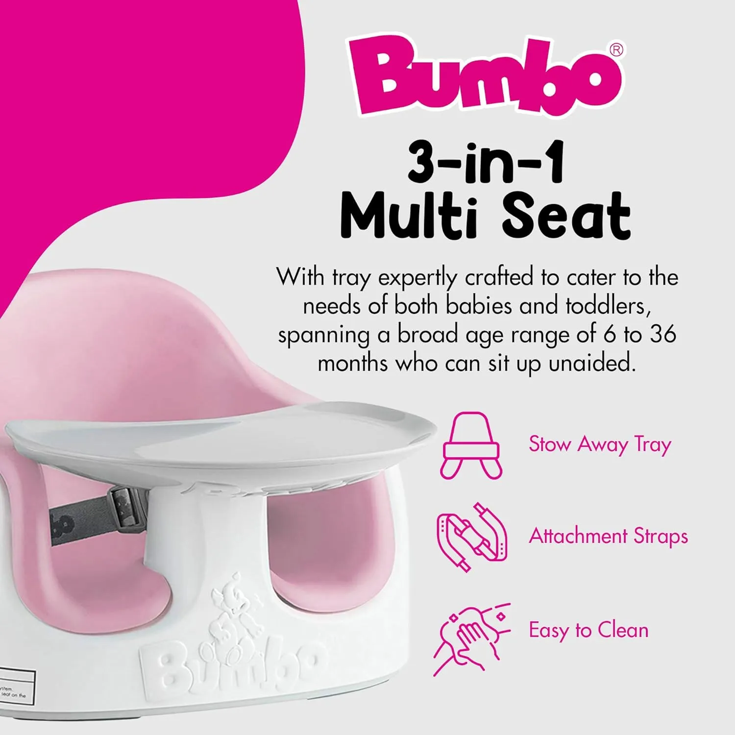 Bumbo 3-in-1 Baby Multi Seat Booster with Feeding Tray, 6-36 Months Old, Cradle Pink - High Chair and Floor Seat Accessory for Babies, Infants, and Toddlers