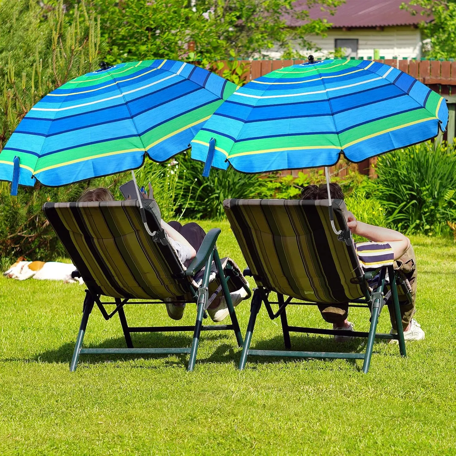Buryeah 2 Pcs Automatic Chair Umbrella with Universal Clamp 44" UPF 50  Portable Clamp on Beach Chair Adjustable Wheelchair Umbrella for Outdoor Patio Parasol