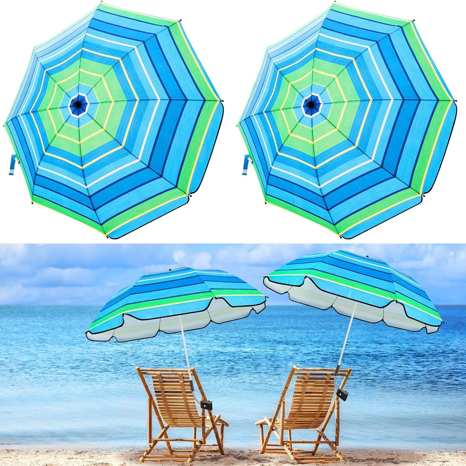 Buryeah 2 Pcs Automatic Chair Umbrella with Universal Clamp 44" UPF 50  Portable Clamp on Beach Chair Adjustable Wheelchair Umbrella for Outdoor Patio Parasol