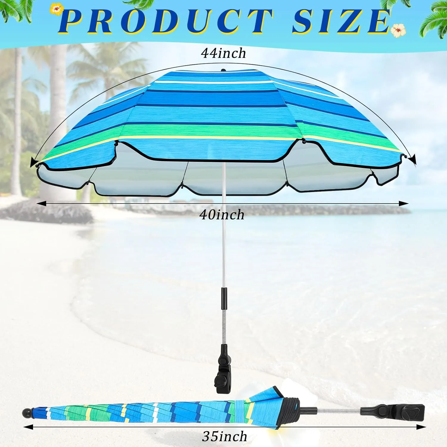Buryeah 2 Pcs Automatic Chair Umbrella with Universal Clamp 44" UPF 50  Portable Clamp on Beach Chair Adjustable Wheelchair Umbrella for Outdoor Patio Parasol