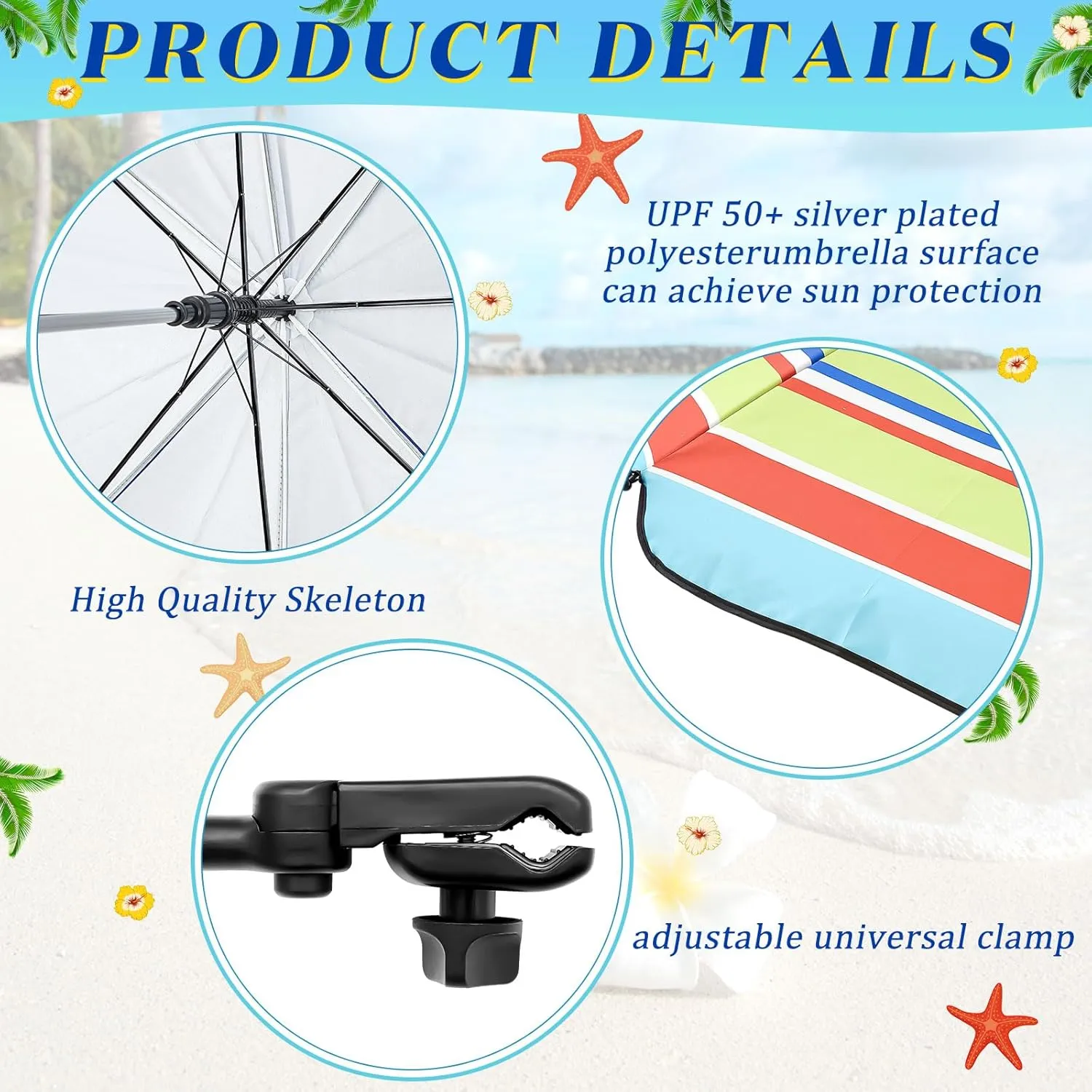 Buryeah 2 Pcs Automatic Chair Umbrella with Universal Clamp 44" UPF 50  Portable Clamp on Beach Chair Adjustable Wheelchair Umbrella for Outdoor Patio Parasol