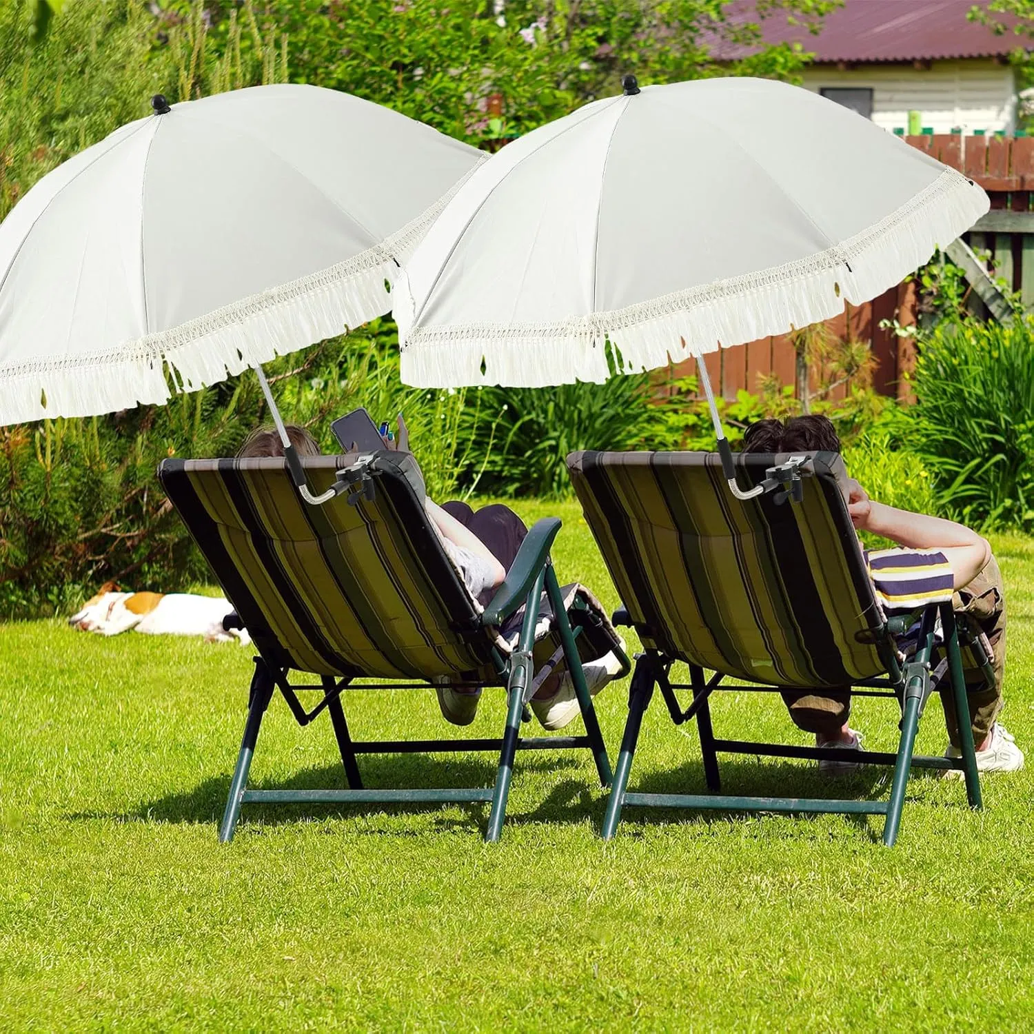 Buryeah 2 Pcs Automatic Chair Umbrella with Universal Clamp 44" UPF 50  Portable Clamp on Beach Chair Adjustable Wheelchair Umbrella for Outdoor Patio Parasol