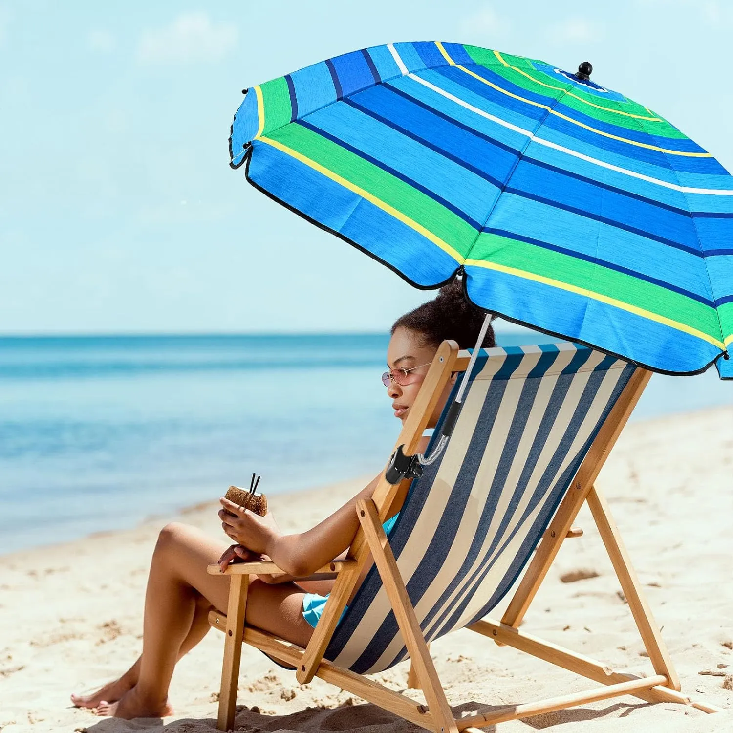 Buryeah 2 Pcs Automatic Chair Umbrella with Universal Clamp 44" UPF 50  Portable Clamp on Beach Chair Adjustable Wheelchair Umbrella for Outdoor Patio Parasol