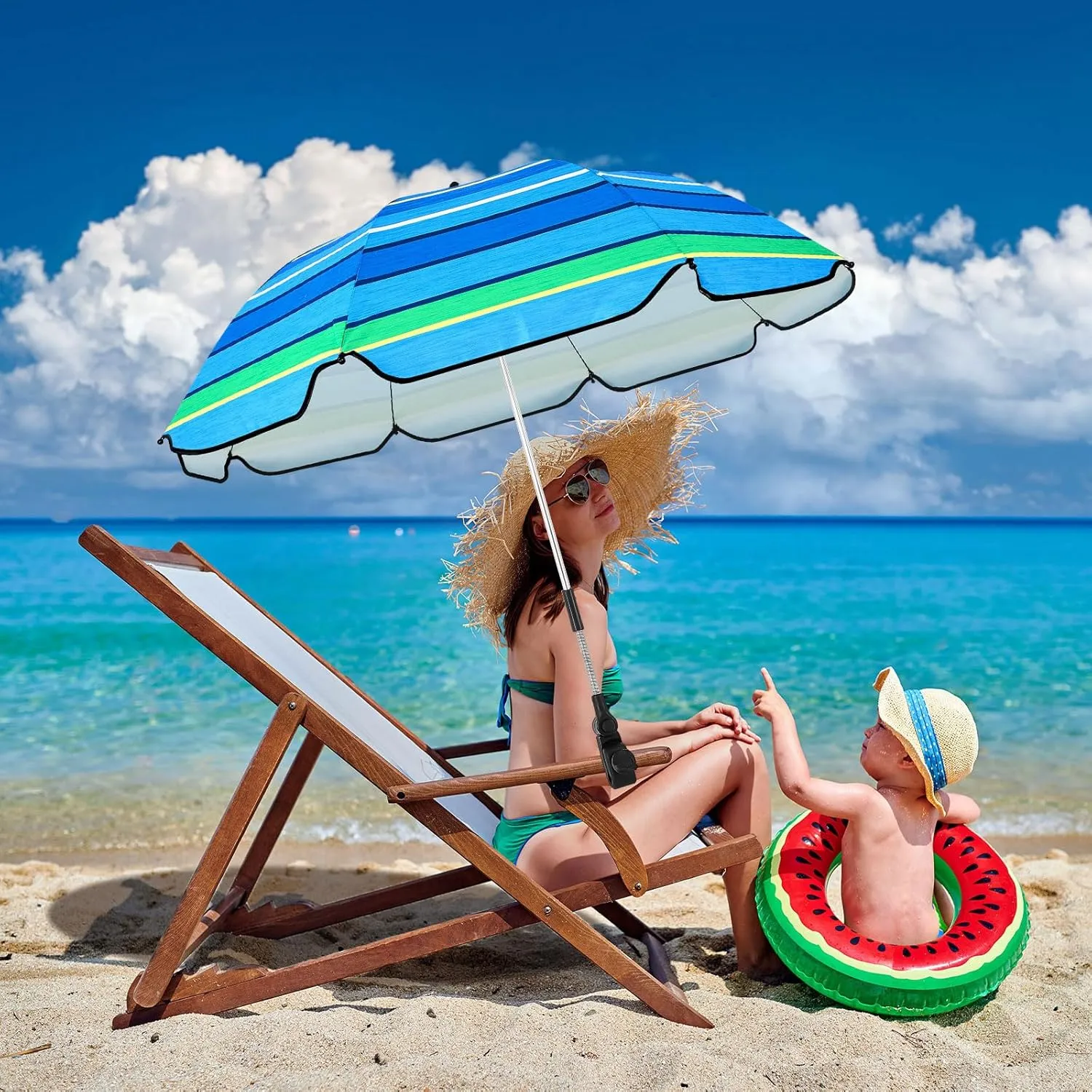Buryeah 2 Pcs Automatic Chair Umbrella with Universal Clamp 44" UPF 50  Portable Clamp on Beach Chair Adjustable Wheelchair Umbrella for Outdoor Patio Parasol