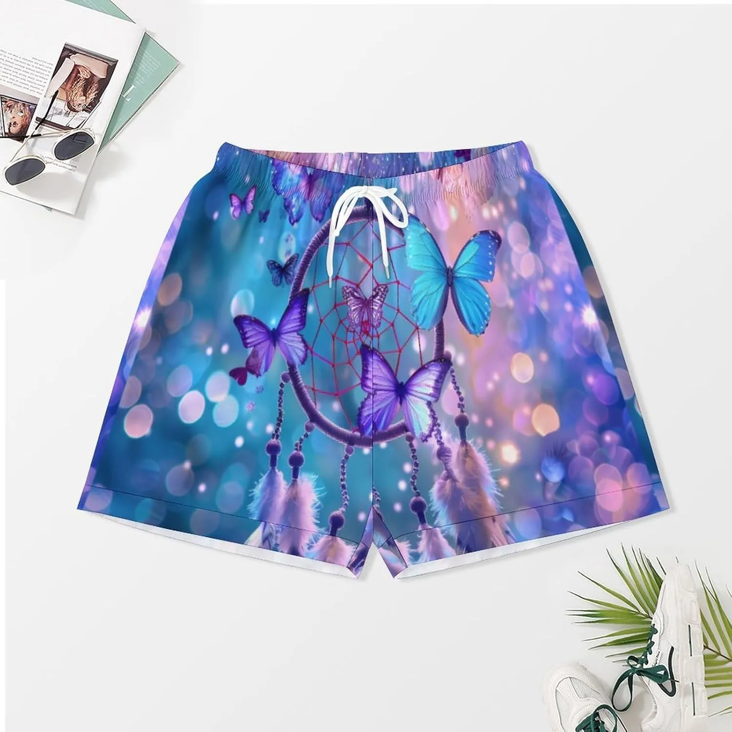 Butterfly Dream Catcher Women's Satin Pajama Set Short Sleeve Button Down Sleepwear Loungewear Pj Set