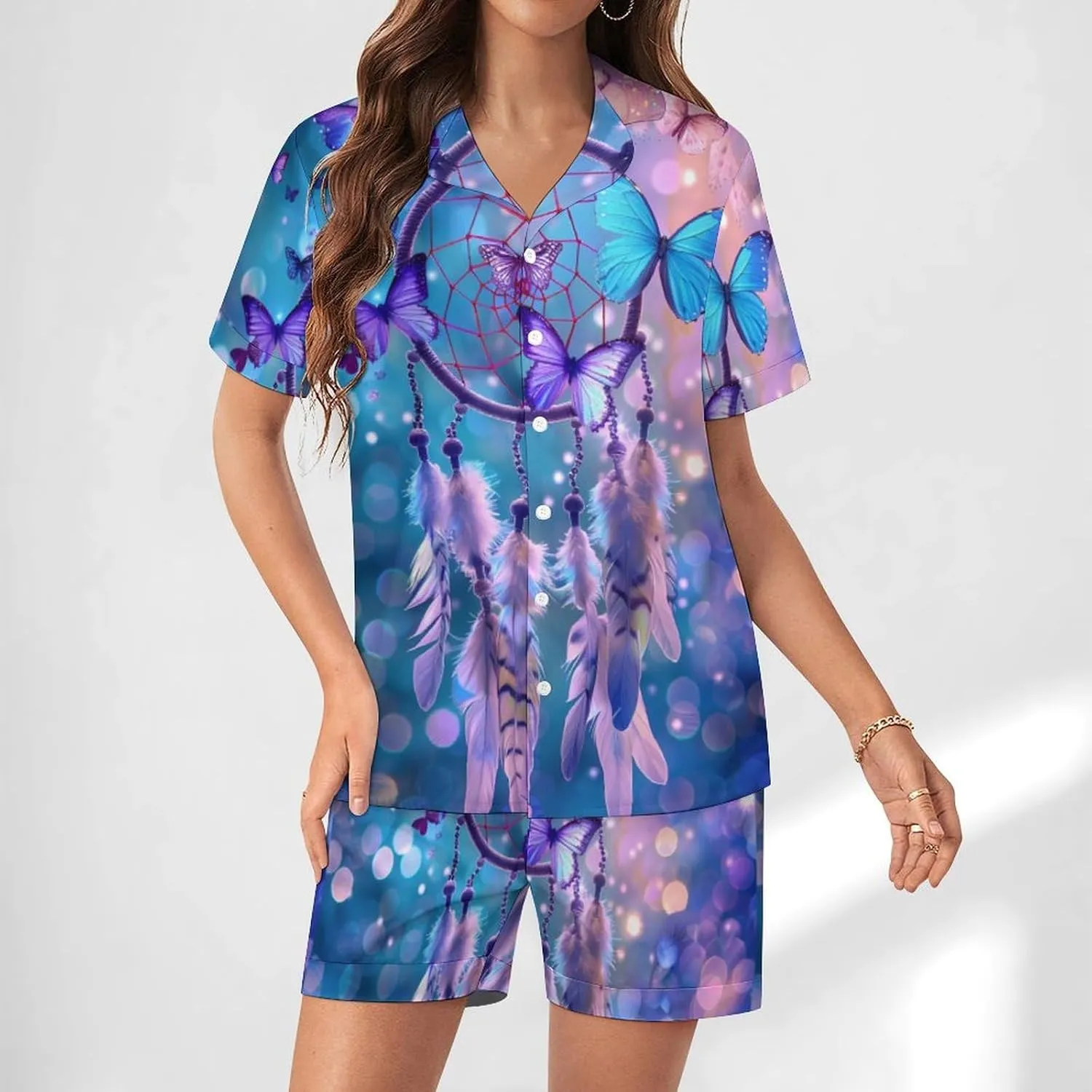 Butterfly Dream Catcher Women's Satin Pajama Set Short Sleeve Button Down Sleepwear Loungewear Pj Set
