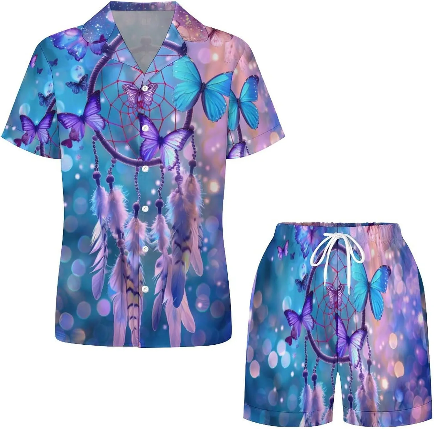 Butterfly Dream Catcher Women's Satin Pajama Set Short Sleeve Button Down Sleepwear Loungewear Pj Set