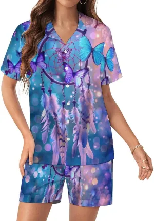 Butterfly Dream Catcher Women's Satin Pajama Set Short Sleeve Button Down Sleepwear Loungewear Pj Set