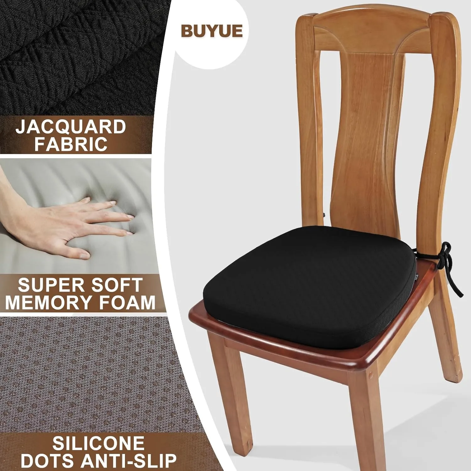 BUYUE Luxury 100% Pure Memory Foam Chair Cushions 4 Pack, Jacquard 16" U-Shape Comfortable Dining Chair Pads, Removable Slip Resistant Kitchen Chair Seat Cushions, (Set of 4, Black)