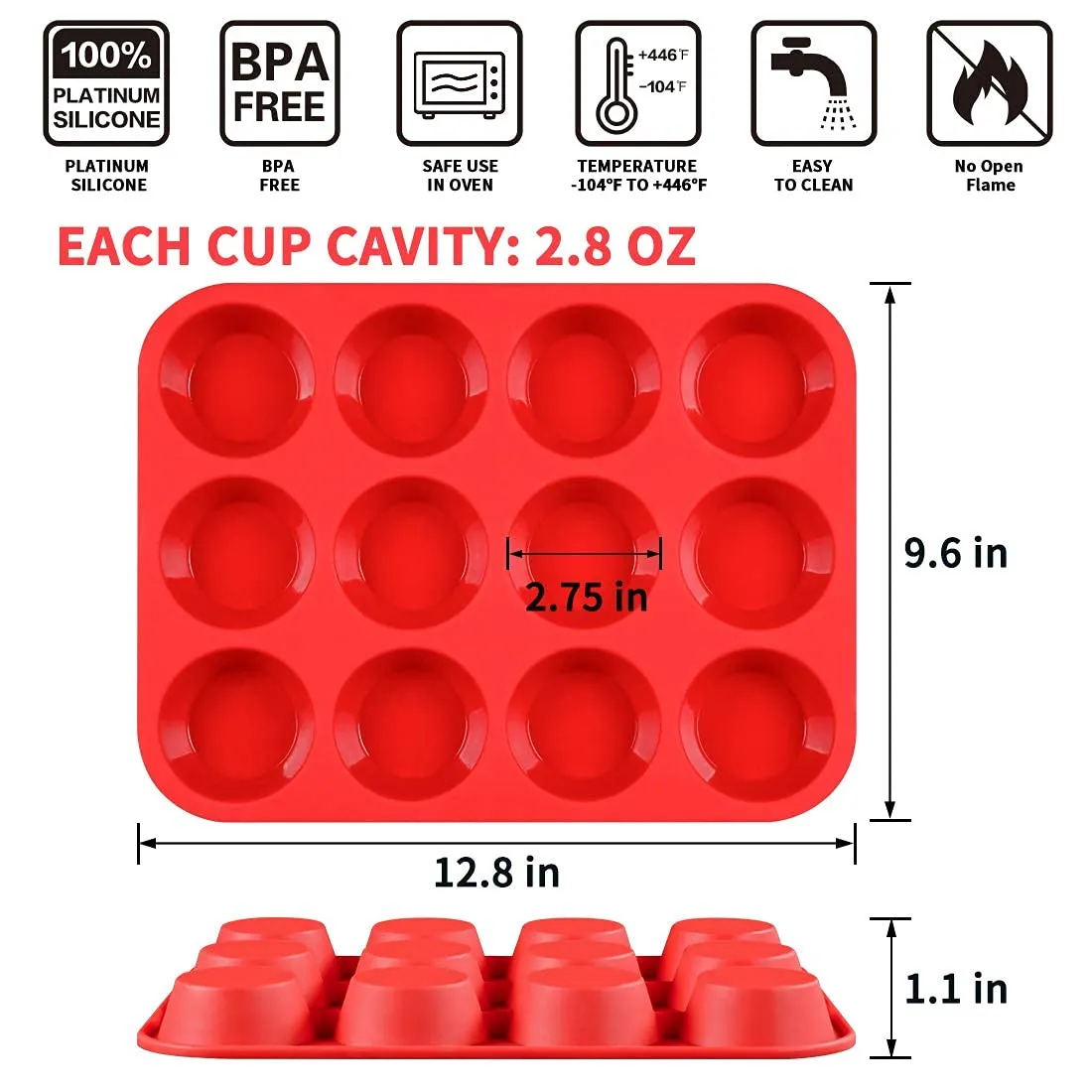 CAKETIME 12-Cup Silicone Muffin Pan – Nonstick Cupcake Baking Mold (Regular Size, 1-Pack)