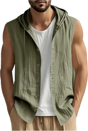 Cambkatl Men's Linen Button Down Hoodies Shirts Casual Sleeveless Summer Loose Lightweight Cardigan Beach Shirts
