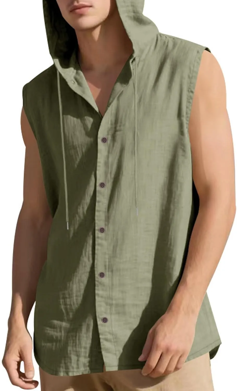 Cambkatl Men's Linen Button Down Hoodies Shirts Casual Sleeveless Summer Loose Lightweight Cardigan Beach Shirts