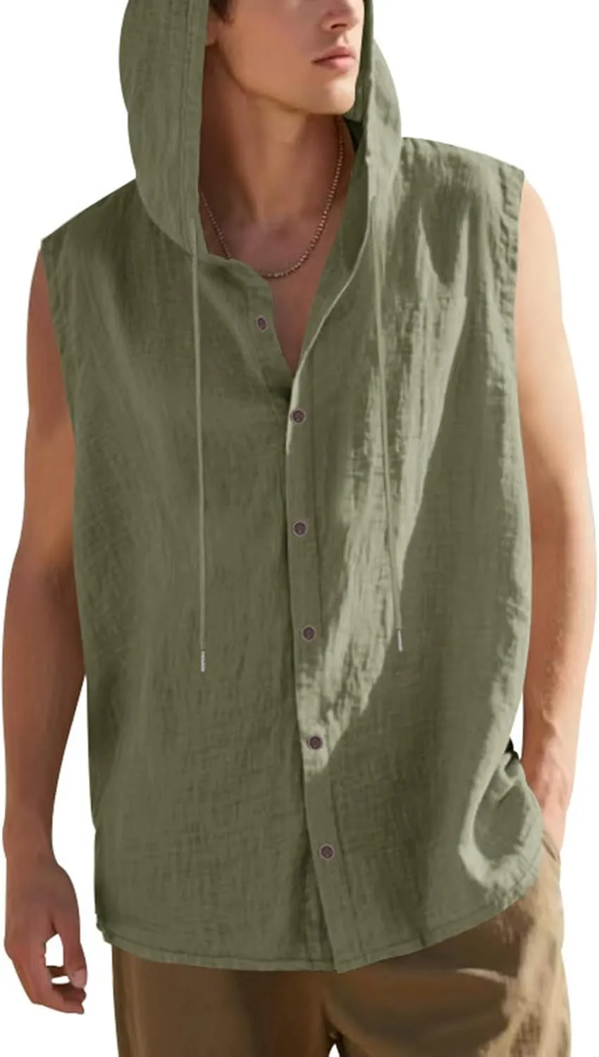 Cambkatl Men's Linen Button Down Hoodies Shirts Casual Sleeveless Summer Loose Lightweight Cardigan Beach Shirts