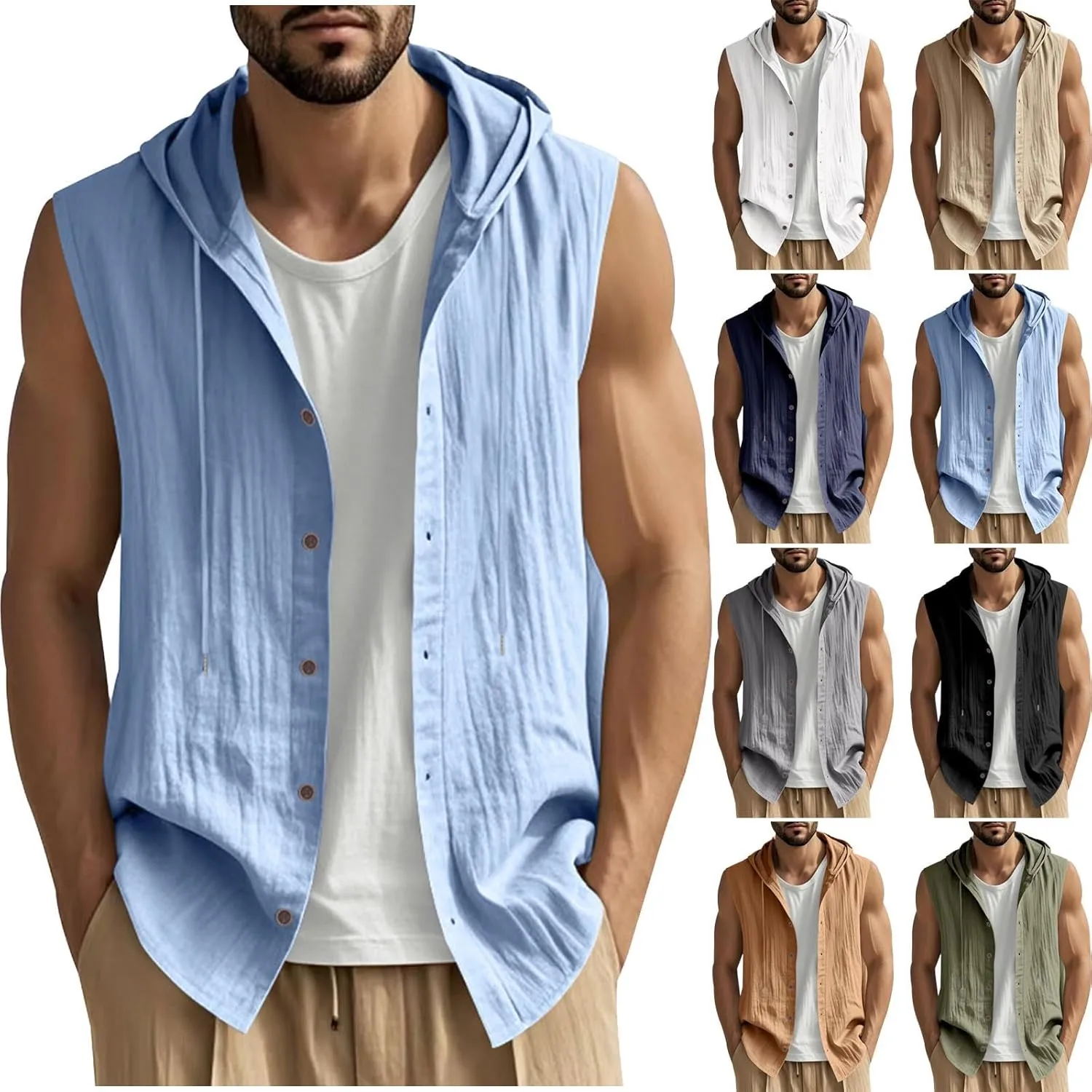 Cambkatl Men's Linen Button Down Hoodies Shirts Casual Sleeveless Summer Loose Lightweight Cardigan Beach Shirts