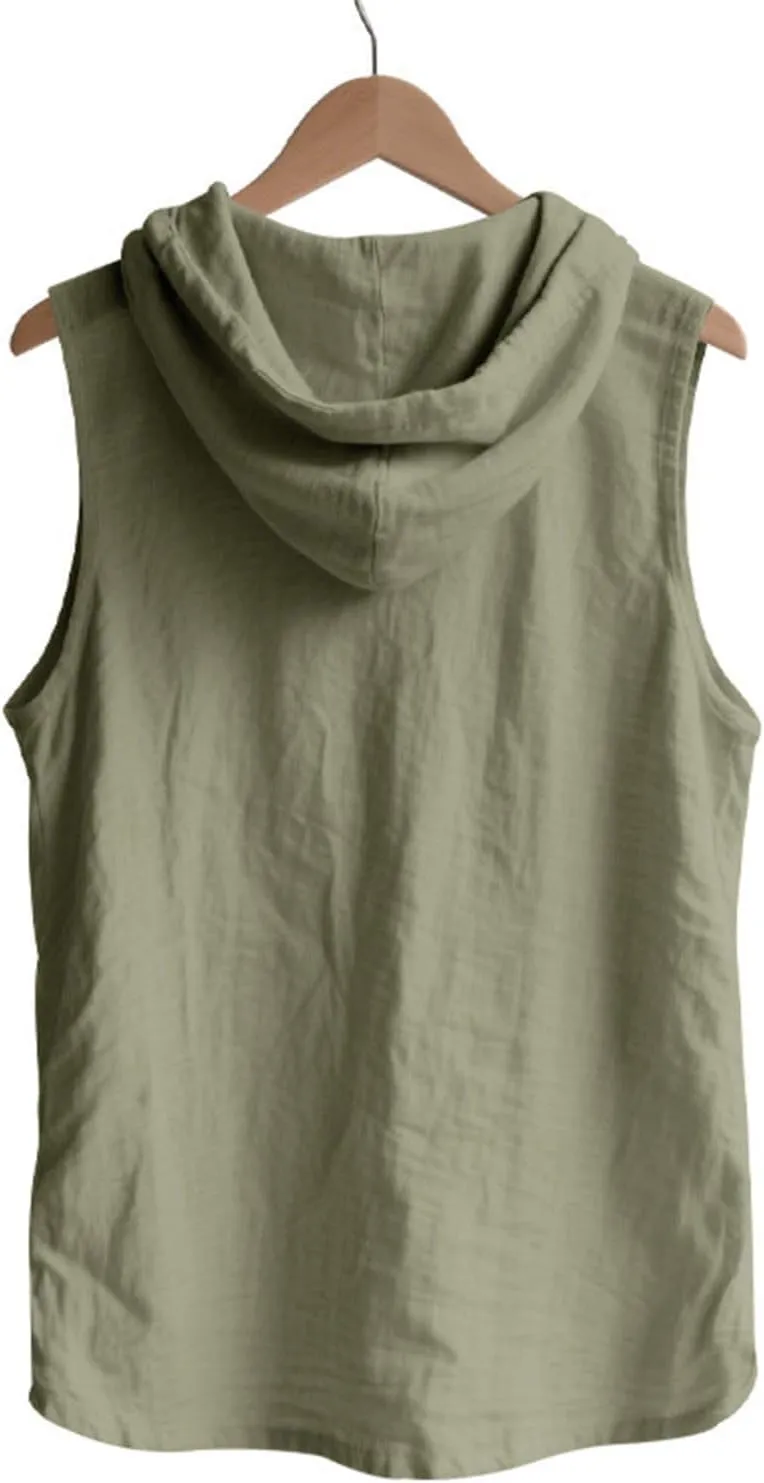 Cambkatl Men's Linen Button Down Hoodies Shirts Casual Sleeveless Summer Loose Lightweight Cardigan Beach Shirts