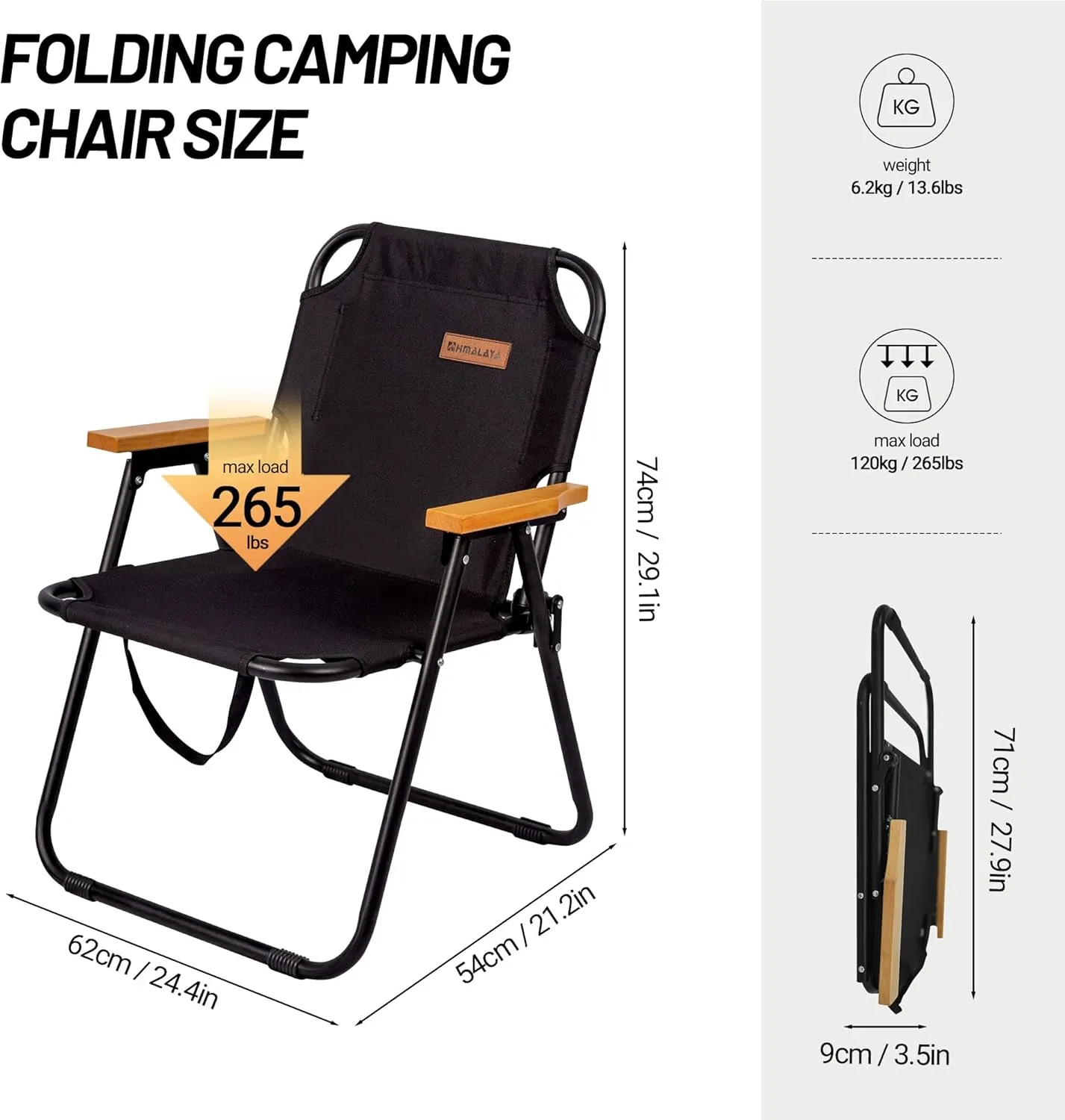 Camping Chair, Black Folding Bench Chair Seating Camp Chairs for Indoor Outdoor Hiking Fishing Patio Beach Supports up to 264 Lbs (2 Packs Single Black)