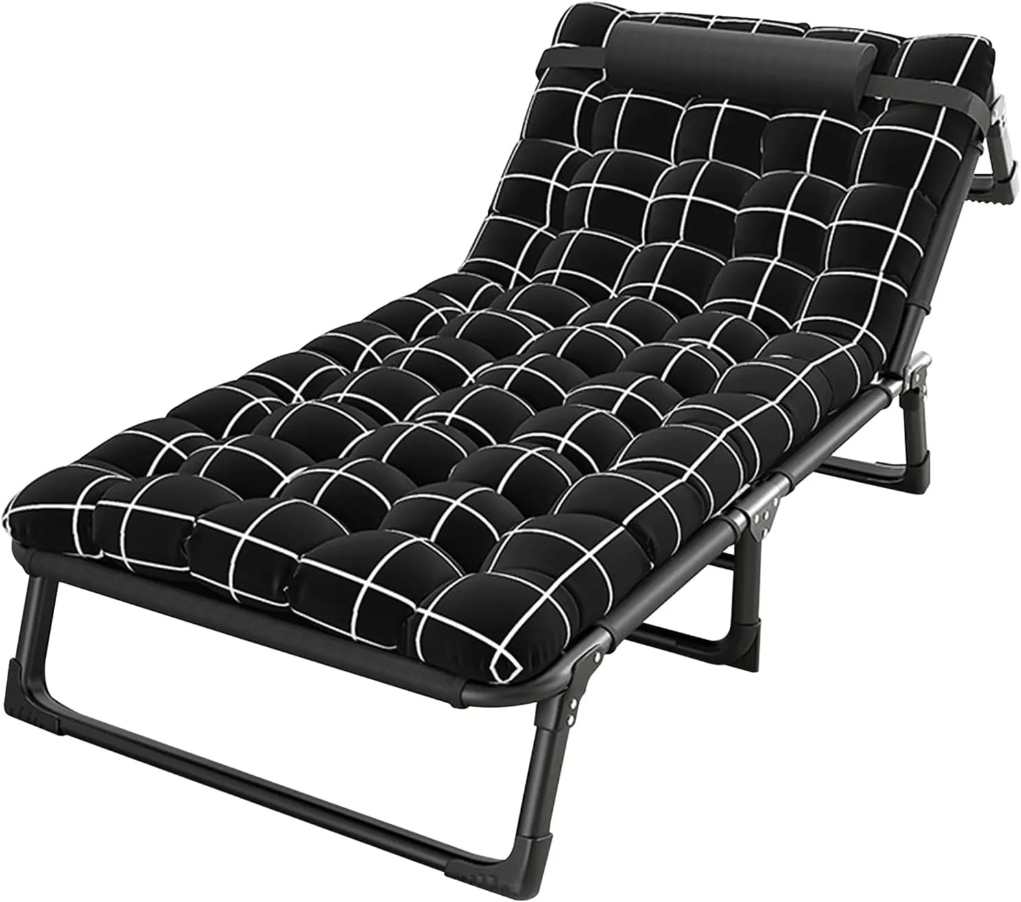 Camping Cot, Adjustable 4-Position Adults Reclining, Folding Chaise with Pillow, Outdoor Lounge Chair Sleeping Cot Bed, Perfect for Office, Pool, Beach, Patio Black