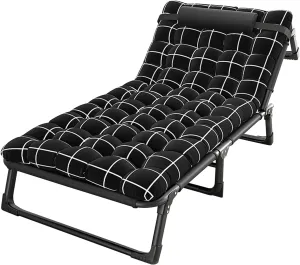 Camping Cot, Adjustable 4-Position Adults Reclining, Folding Chaise with Pillow, Outdoor Lounge Chair Sleeping Cot Bed, Perfect for Office, Pool, Beach, Patio Black