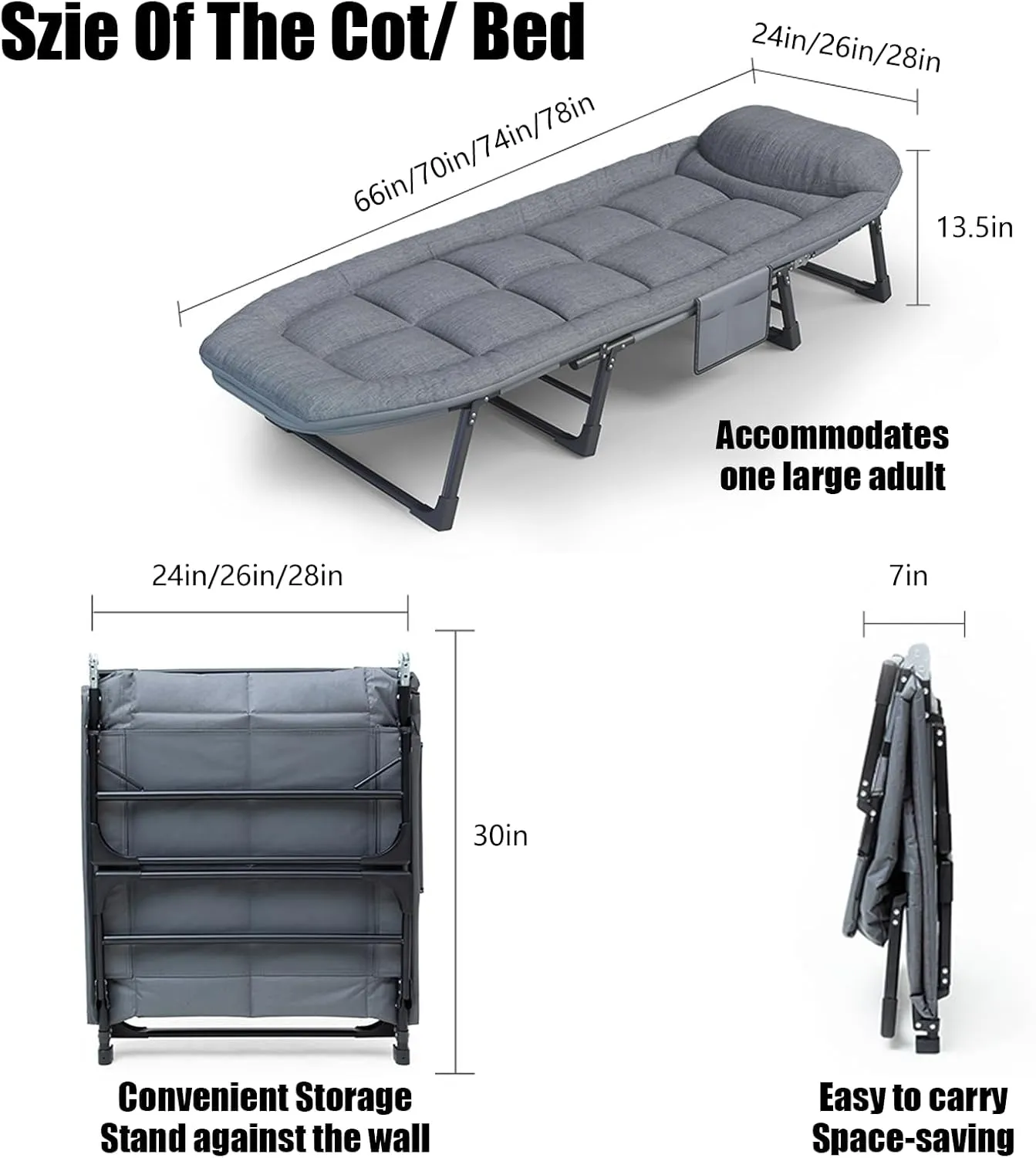 Camping Cots for Adults with 6 Adjustable Positions Portable Folding Sleeping Cot with Pillow Heavy Duty Strong Frame Cot Bed for Camp, Travel, Room, Office (Grey, Medium-70 in)
