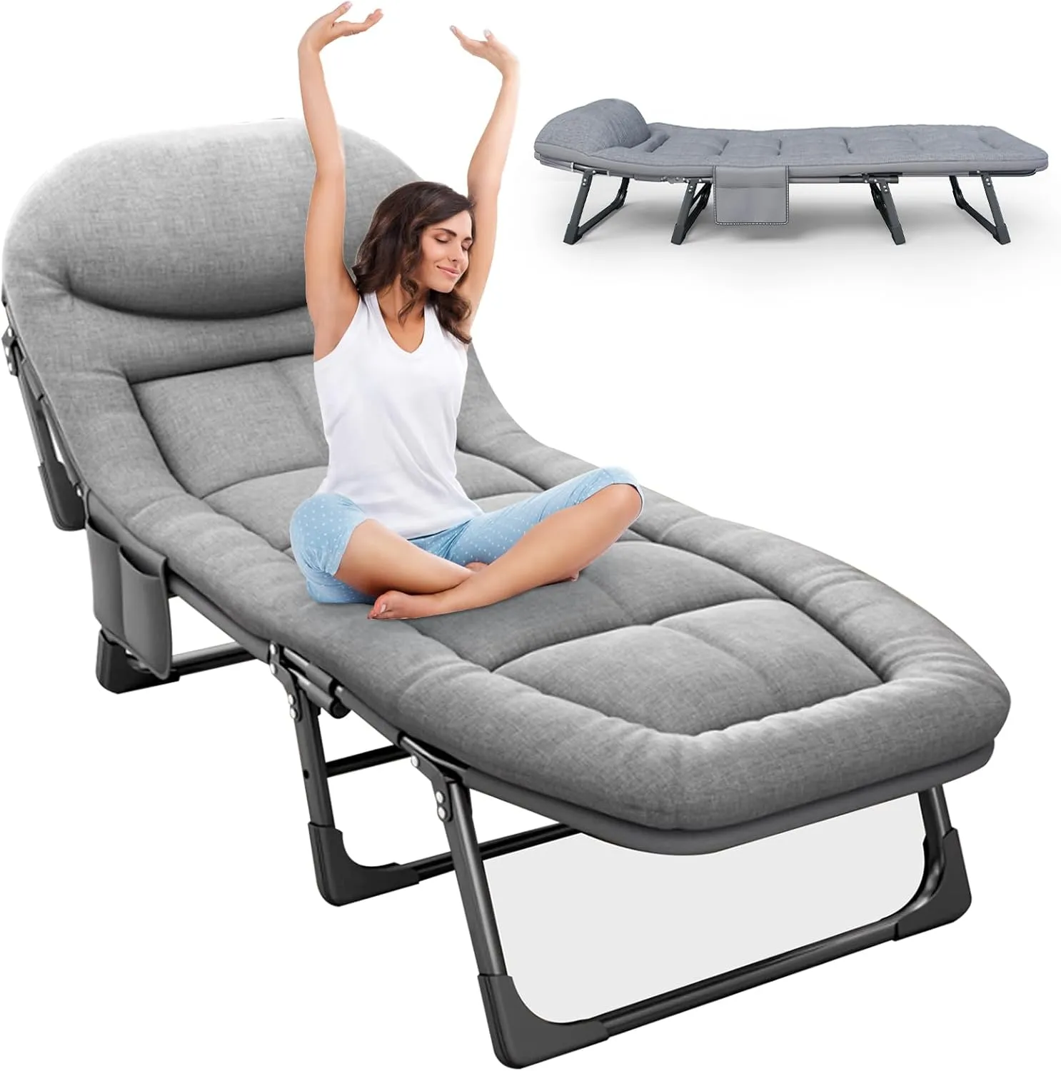 Camping Cots for Adults with 6 Adjustable Positions Portable Folding Sleeping Cot with Pillow Heavy Duty Strong Frame Cot Bed for Camp, Travel, Room, Office (Grey, Medium-70 in)
