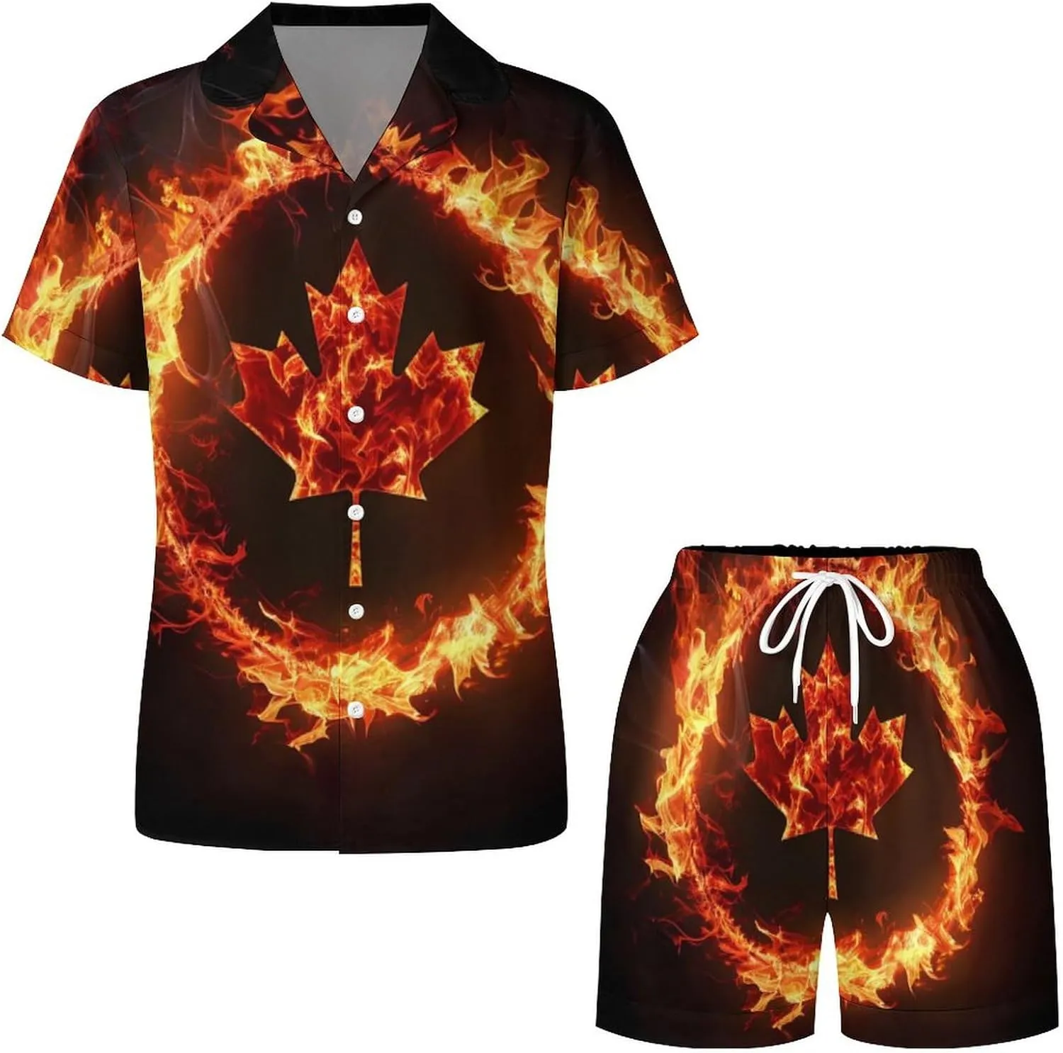 Canada Flag Canadian Flame Flag Women's Satin Pajama Set Short Sleeve Button Down Sleepwear Loungewear Pj Set