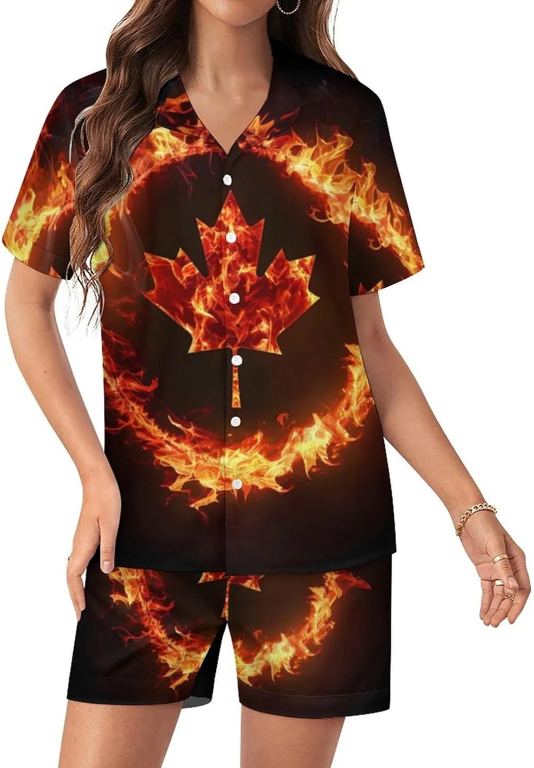 Canada Flag Canadian Flame Flag Women's Satin Pajama Set Short Sleeve Button Down Sleepwear Loungewear Pj Set
