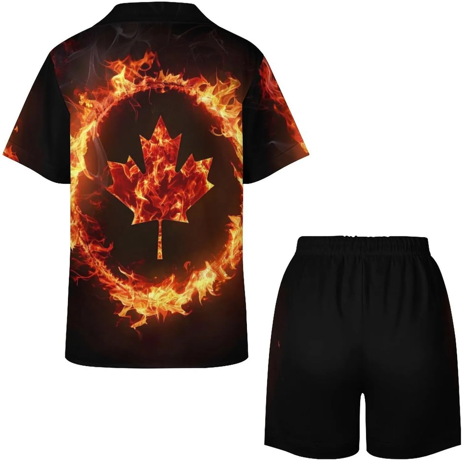 Canada Flag Canadian Flame Flag Women's Satin Pajama Set Short Sleeve Button Down Sleepwear Loungewear Pj Set
