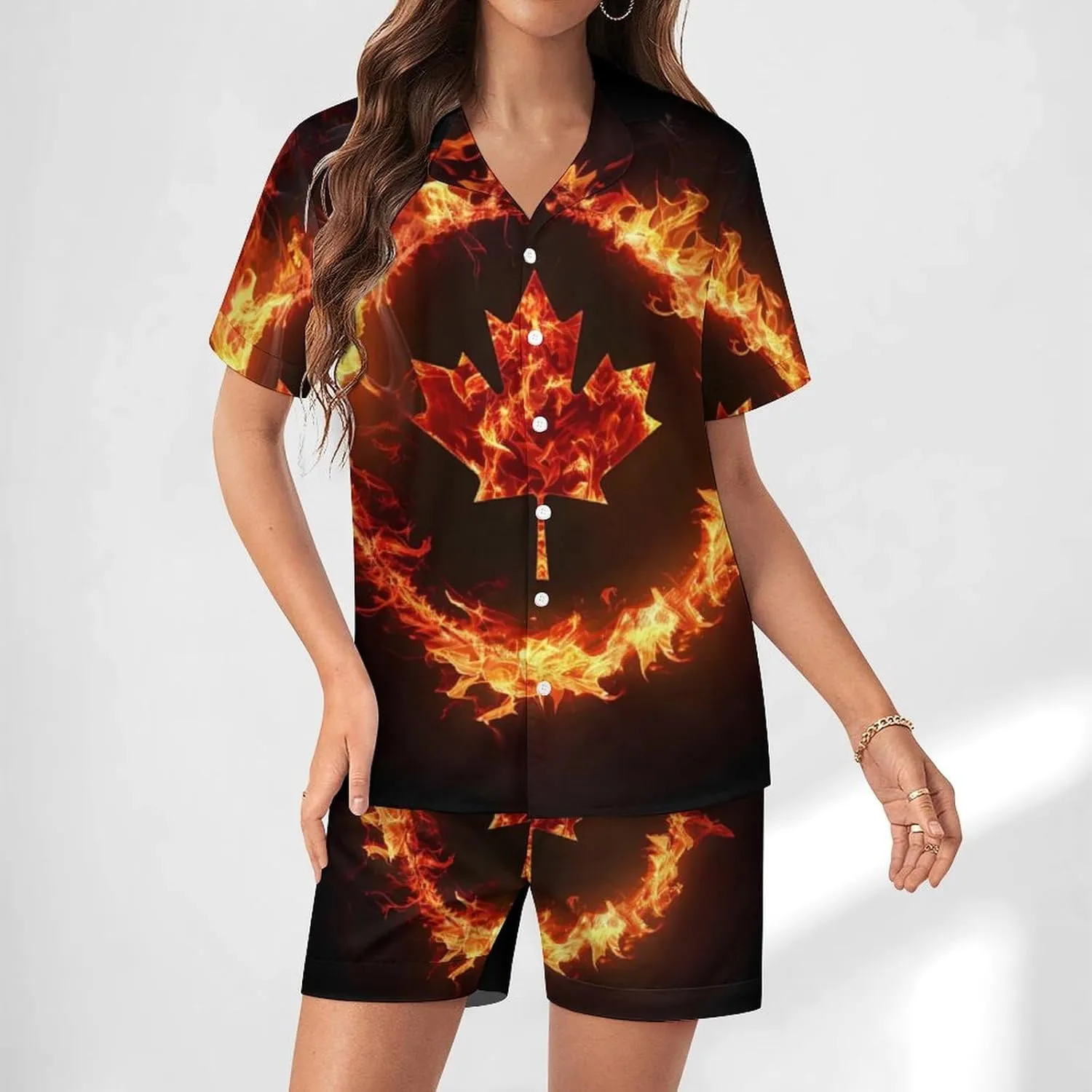 Canada Flag Canadian Flame Flag Women's Satin Pajama Set Short Sleeve Button Down Sleepwear Loungewear Pj Set