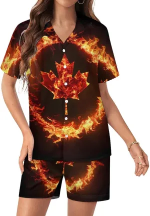 Canada Flag Canadian Flame Flag Women's Satin Pajama Set Short Sleeve Button Down Sleepwear Loungewear Pj Set