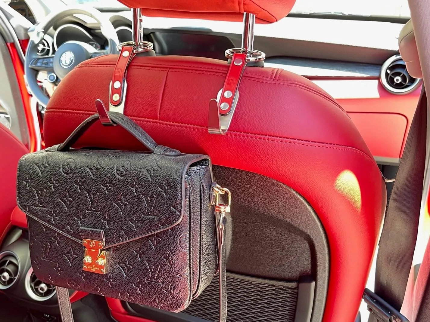 Car Headrest Hanger Hooks 2 Pack Premium Leather Stainless Steel Car Seat Head Rest Storage Organizer Universal for Handbag Purse Vehicle Car Rustic Brown Leather Black Hook