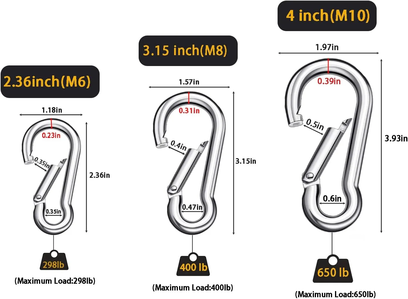 Carabiner Clips Heavy Duty - 6 Pack 304 Stainless Steel Spring Snap Hook for Outdoor Camping, Hiking, Swing, Hammock, Gym