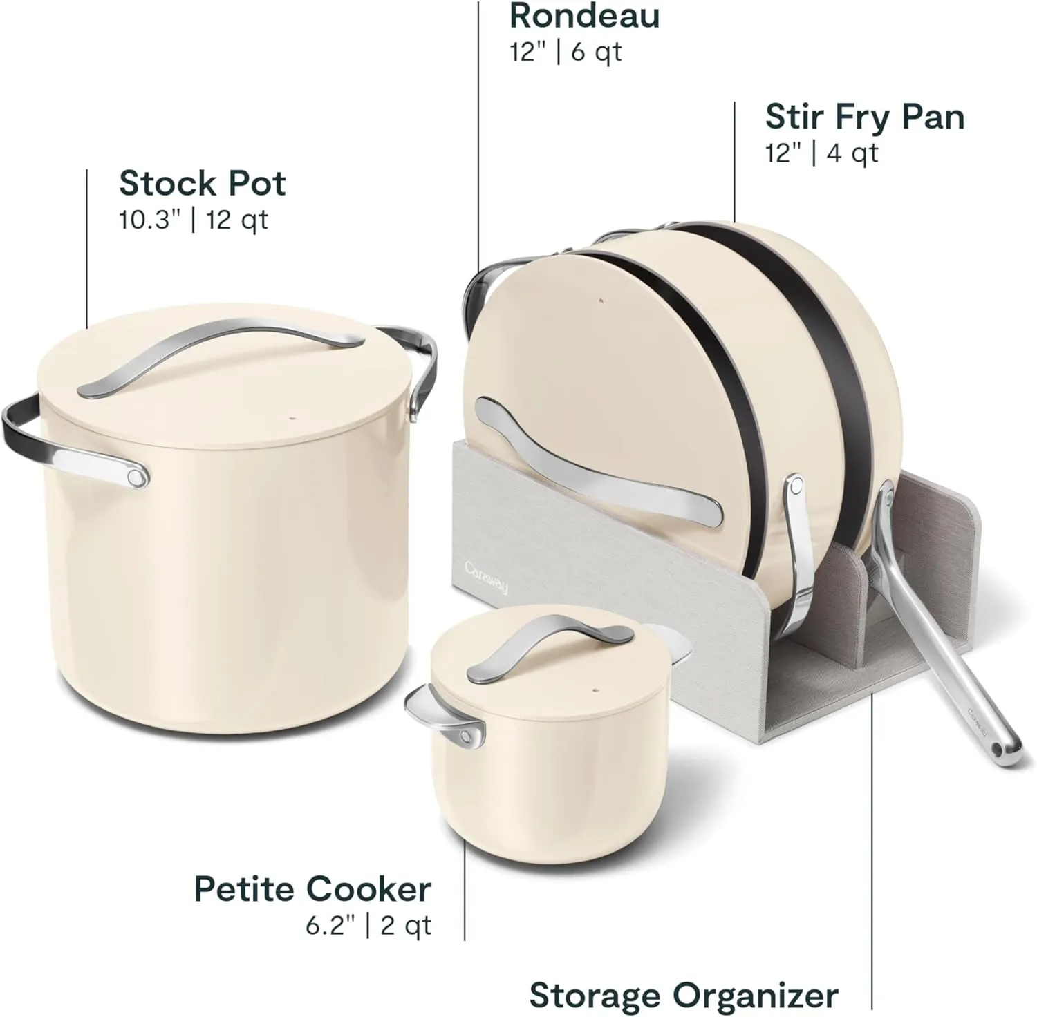 Caraway Cookware  Collection - Specialty Cookware Set - Petite Cooker, Stir Fry Pan, Rondeau, & Stock Pot - 3 Lids & Storage Organizer Included - Cream