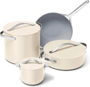 Caraway Cookware  Collection - Specialty Cookware Set - Petite Cooker, Stir Fry Pan, Rondeau, & Stock Pot - 3 Lids & Storage Organizer Included - Cream