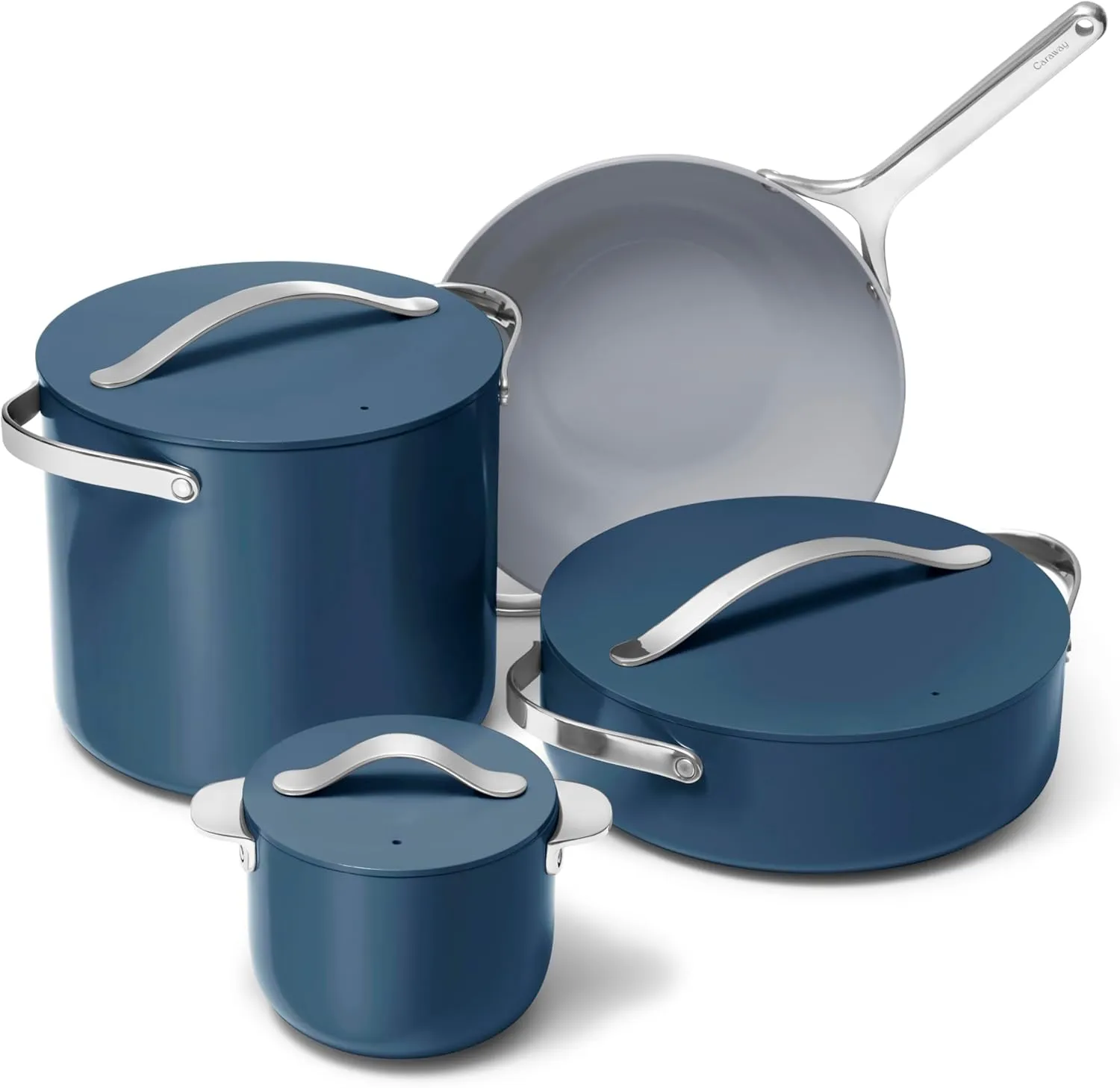 Caraway Cookware  Collection - Specialty Cookware Set - Petite Cooker, Stir Fry Pan, Rondeau, & Stock Pot - 3 Lids & Storage Organizer Included - Navy