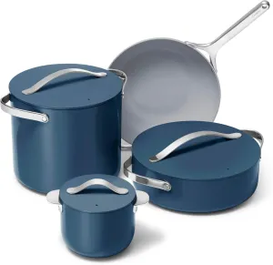 Caraway Cookware  Collection - Specialty Cookware Set - Petite Cooker, Stir Fry Pan, Rondeau, & Stock Pot - 3 Lids & Storage Organizer Included - Navy