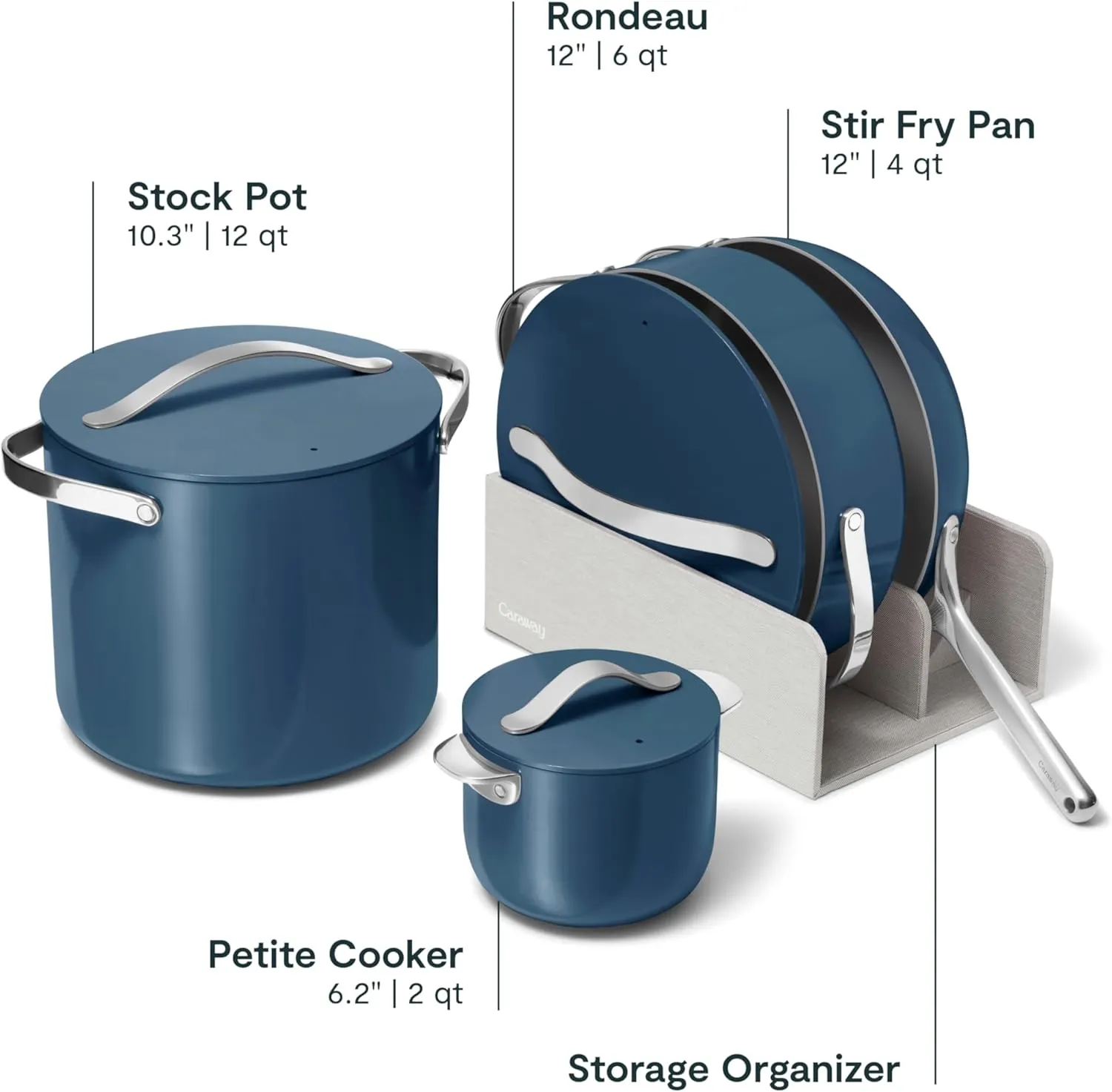 Caraway Cookware  Collection - Specialty Cookware Set - Petite Cooker, Stir Fry Pan, Rondeau, & Stock Pot - 3 Lids & Storage Organizer Included - Navy