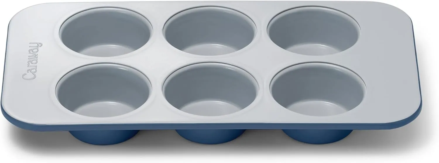 Caraway Nonstick Ceramic 6 Cup Muffin Pan – Non-Toxic, PTFE & PFOA Free – Oven Safe – Aluminized Steel Core – Small Muffin Pan for Baking Cupcakes, Muffins & More - Navy