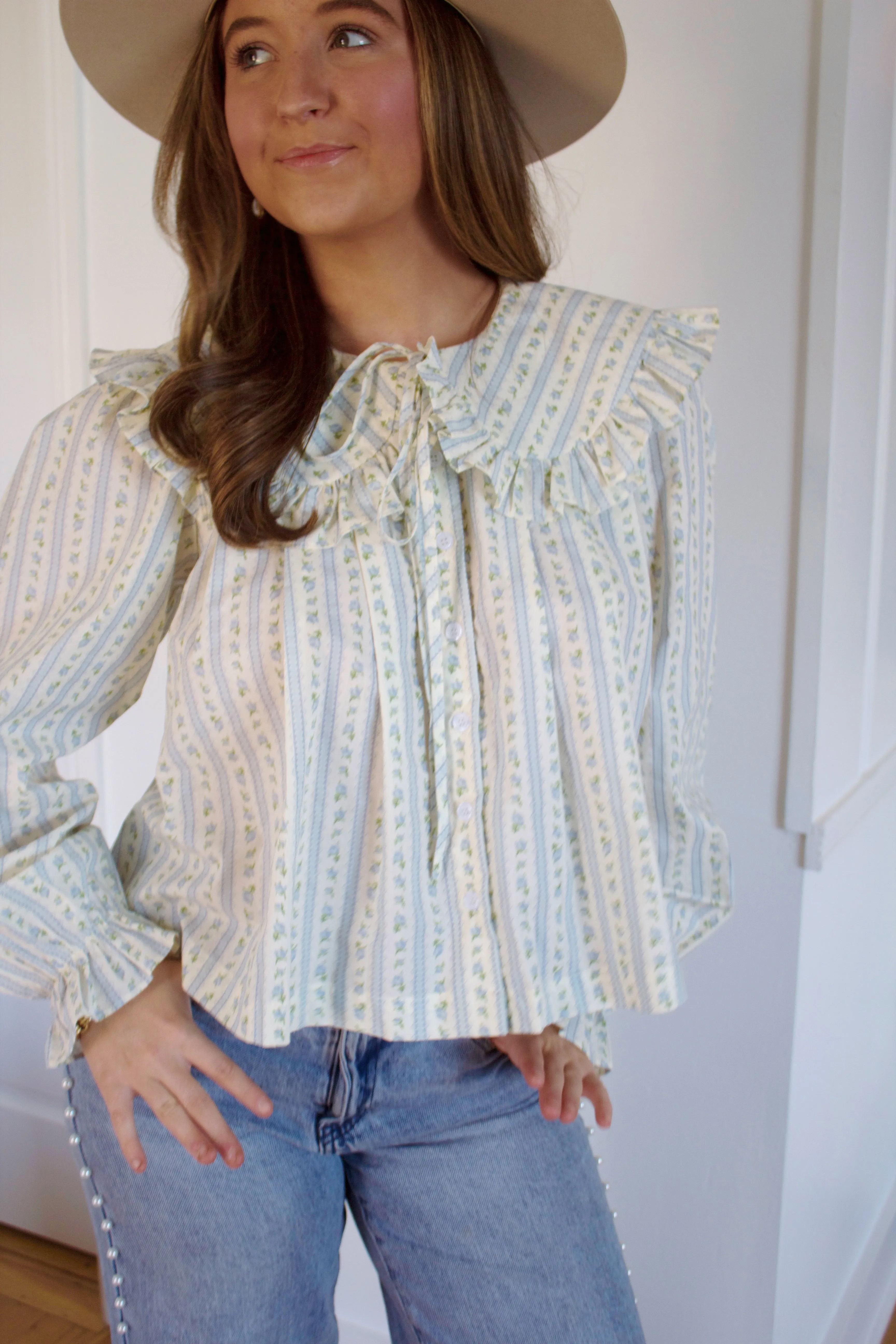 Caroline Block Print Peter Pan Collared Blouse
