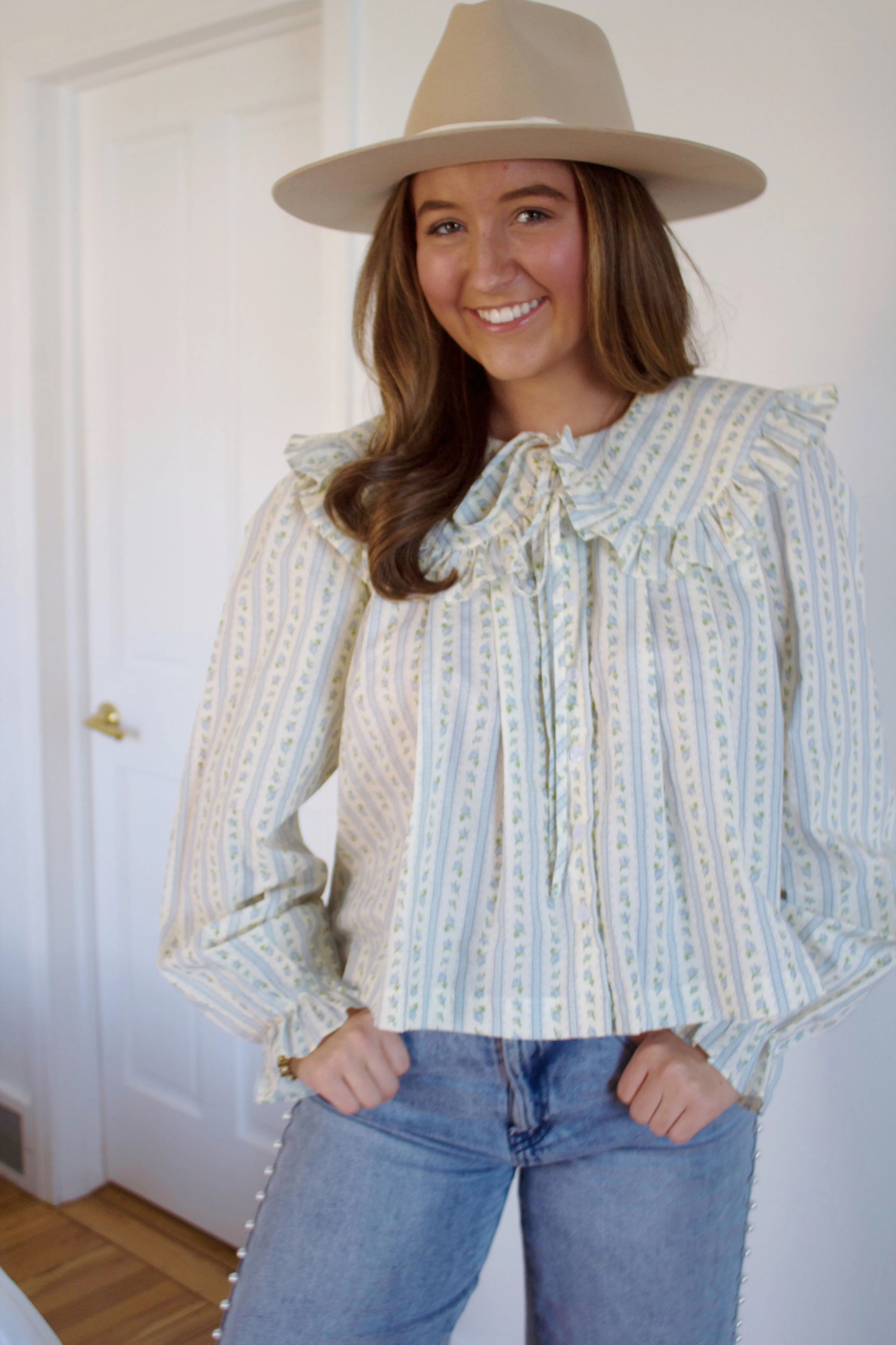Caroline Block Print Peter Pan Collared Blouse