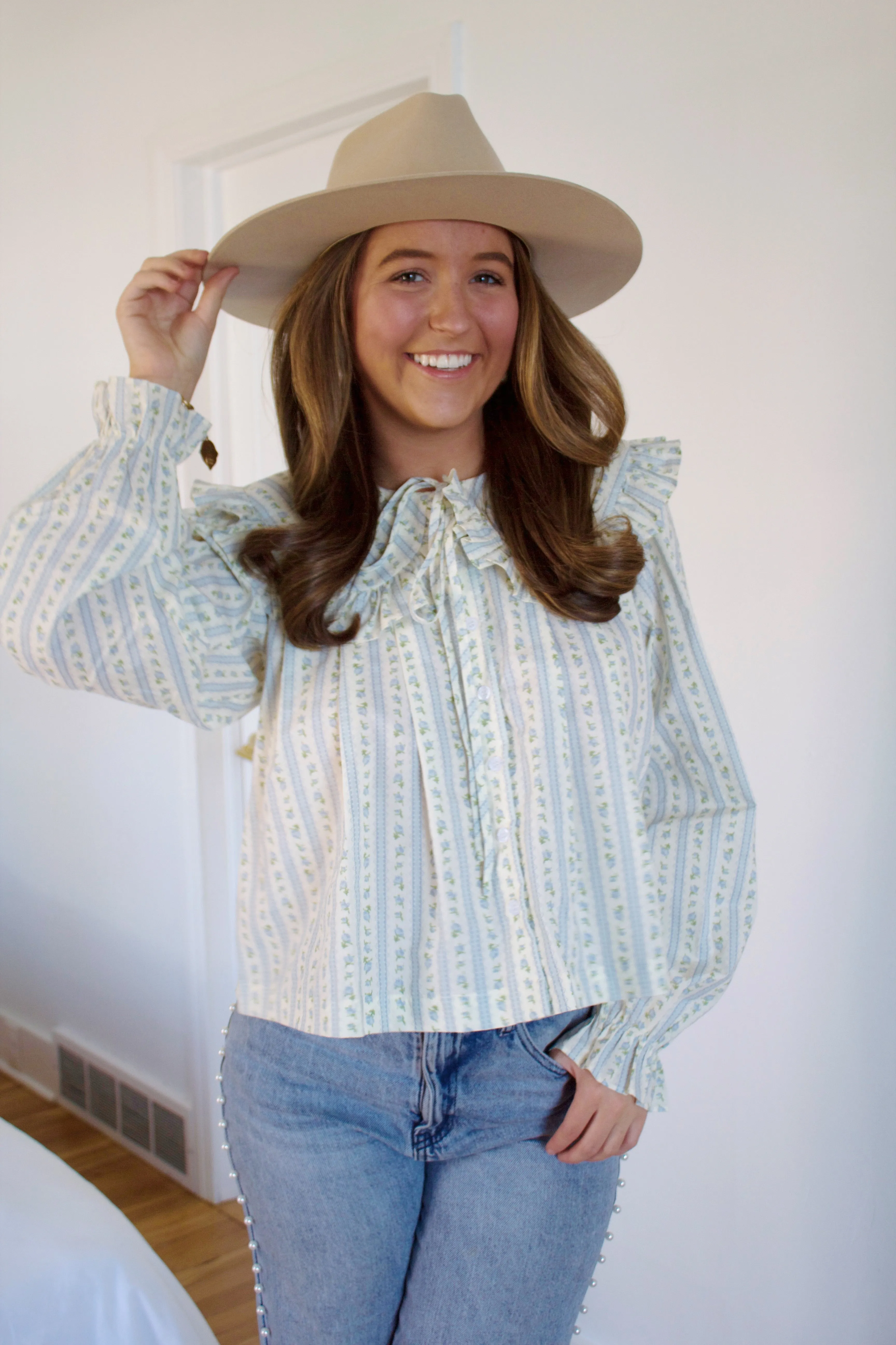 Caroline Block Print Peter Pan Collared Blouse