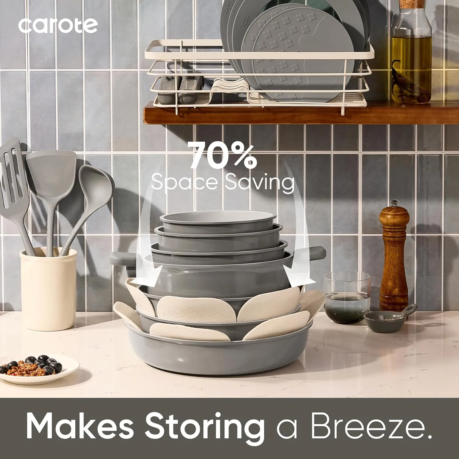 CAROTE 25pcs Ceramic Cookware Set Nonstick, Pots and Pans Set Non stick, Non Toxic Cookware, Dishwasher/Oven Safe, RV/Camping Cookware Set, Pan and Pot with Kitchen Utensils, Dark Gray
