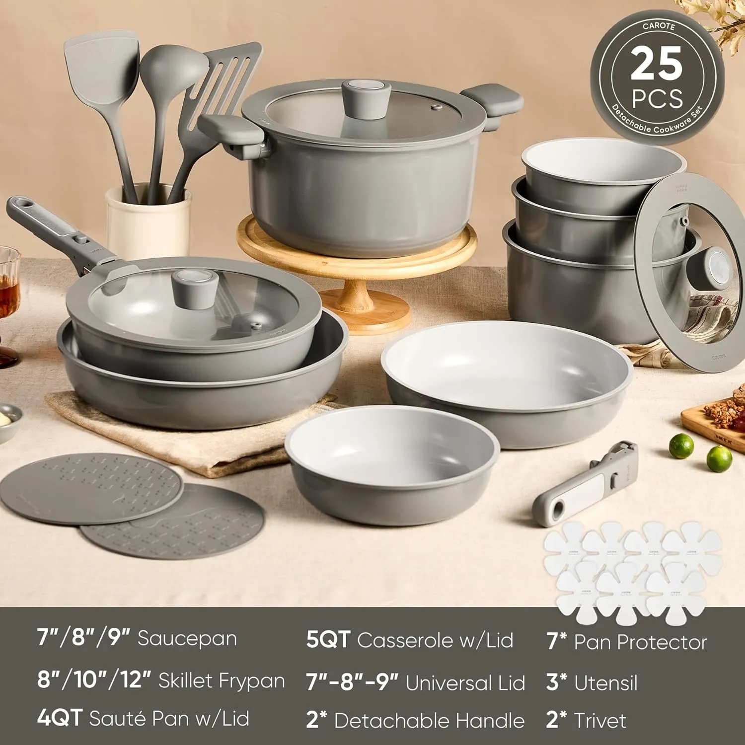 CAROTE 25pcs Ceramic Cookware Set Nonstick, Pots and Pans Set Non stick, Non Toxic Cookware, Dishwasher/Oven Safe, RV/Camping Cookware Set, Pan and Pot with Kitchen Utensils, Dark Gray