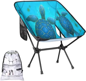 Cartoon Blue Sea Turtle Camping Chair Lightweight Portable Folding Camp Chairs for Adults Easy Installation for Camping Fishing Hiking Picnic Travel Festival Supports 176lbs