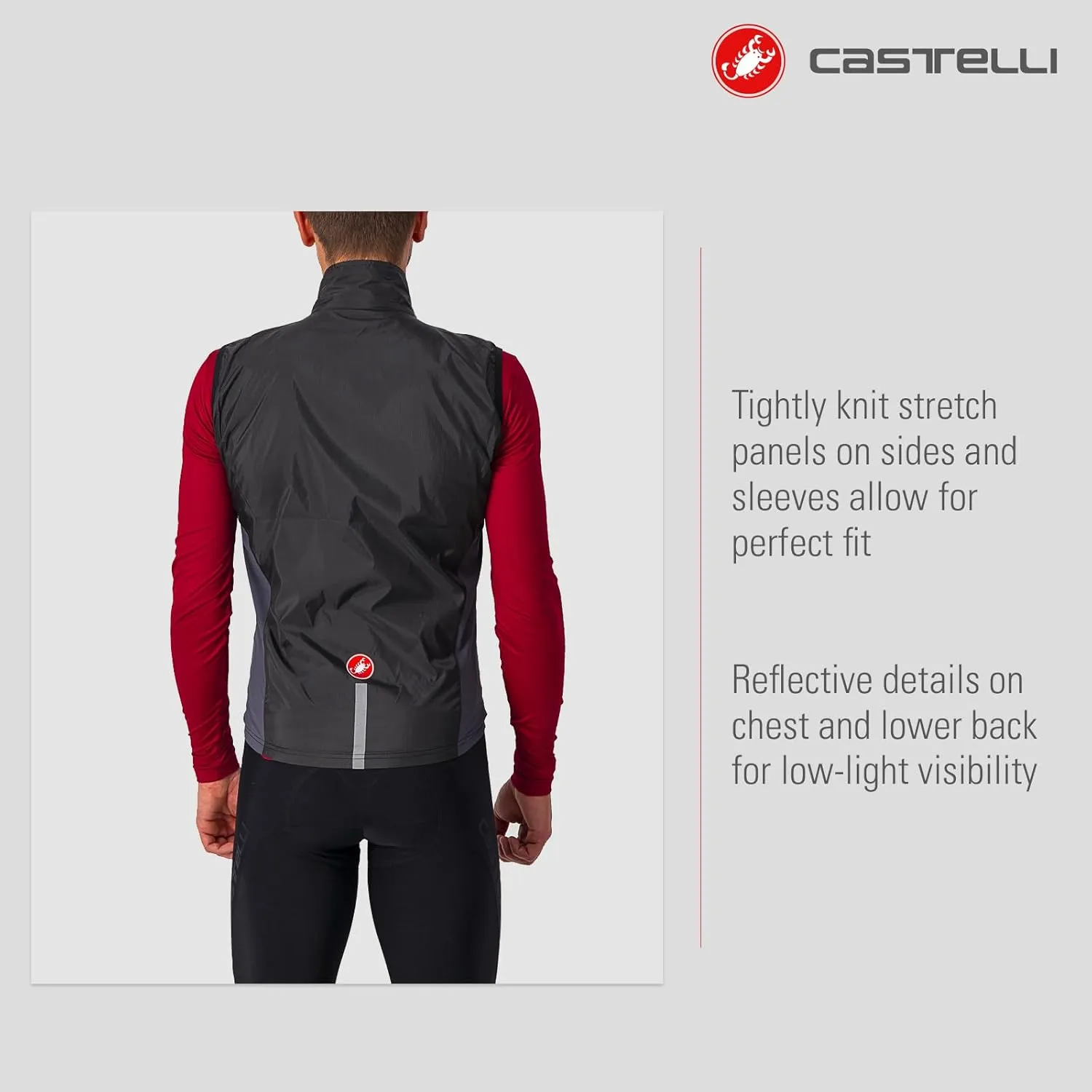 CASTELLI Men's Squadra Stretch Vest, Windproof Full Lenth Zip Shell with High Collar for Road and Gravel Biking I Cycling