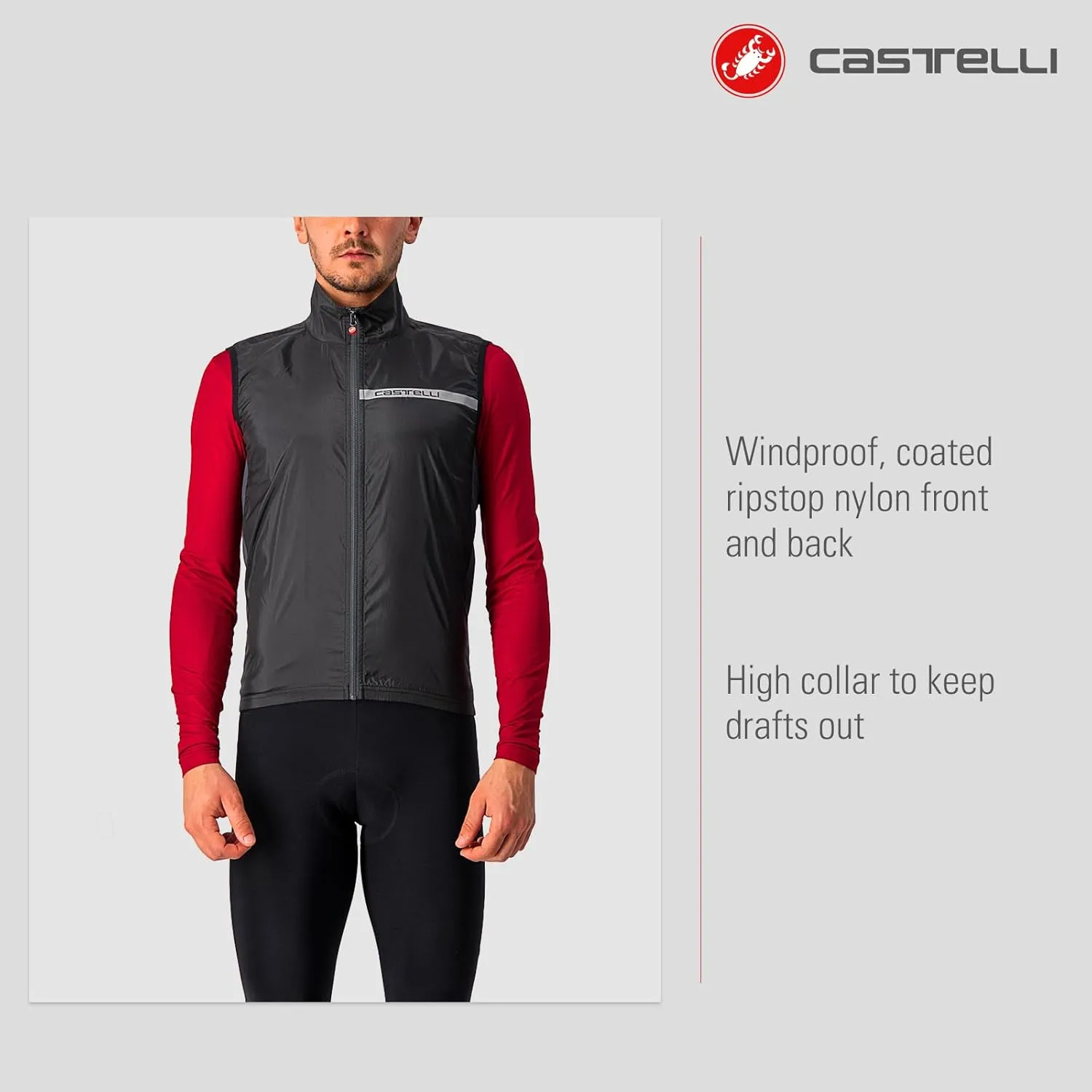 CASTELLI Men's Squadra Stretch Vest, Windproof Full Lenth Zip Shell with High Collar for Road and Gravel Biking I Cycling