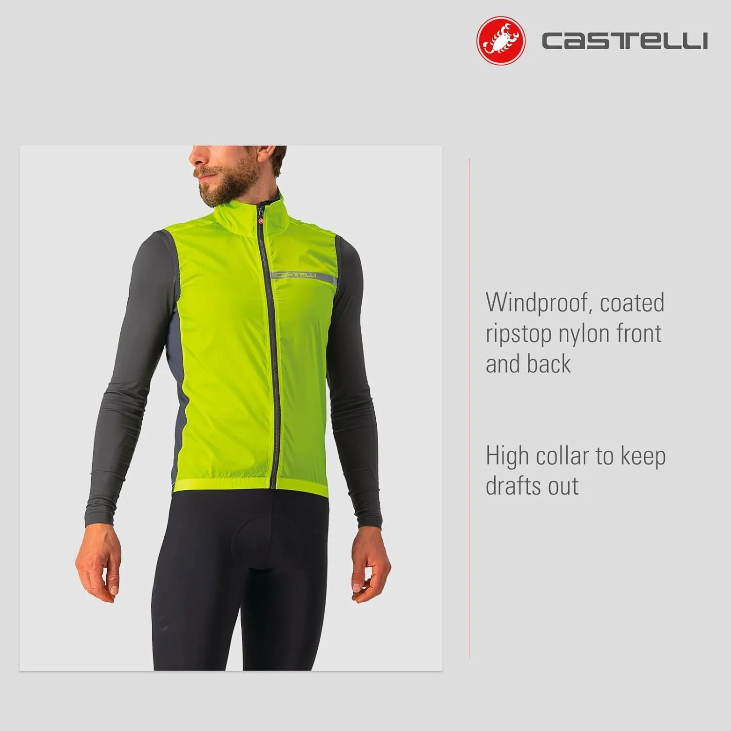 CASTELLI Men's Squadra Stretch Vest, Windproof Full Lenth Zip Shell with High Collar for Road and Gravel Biking I Cycling