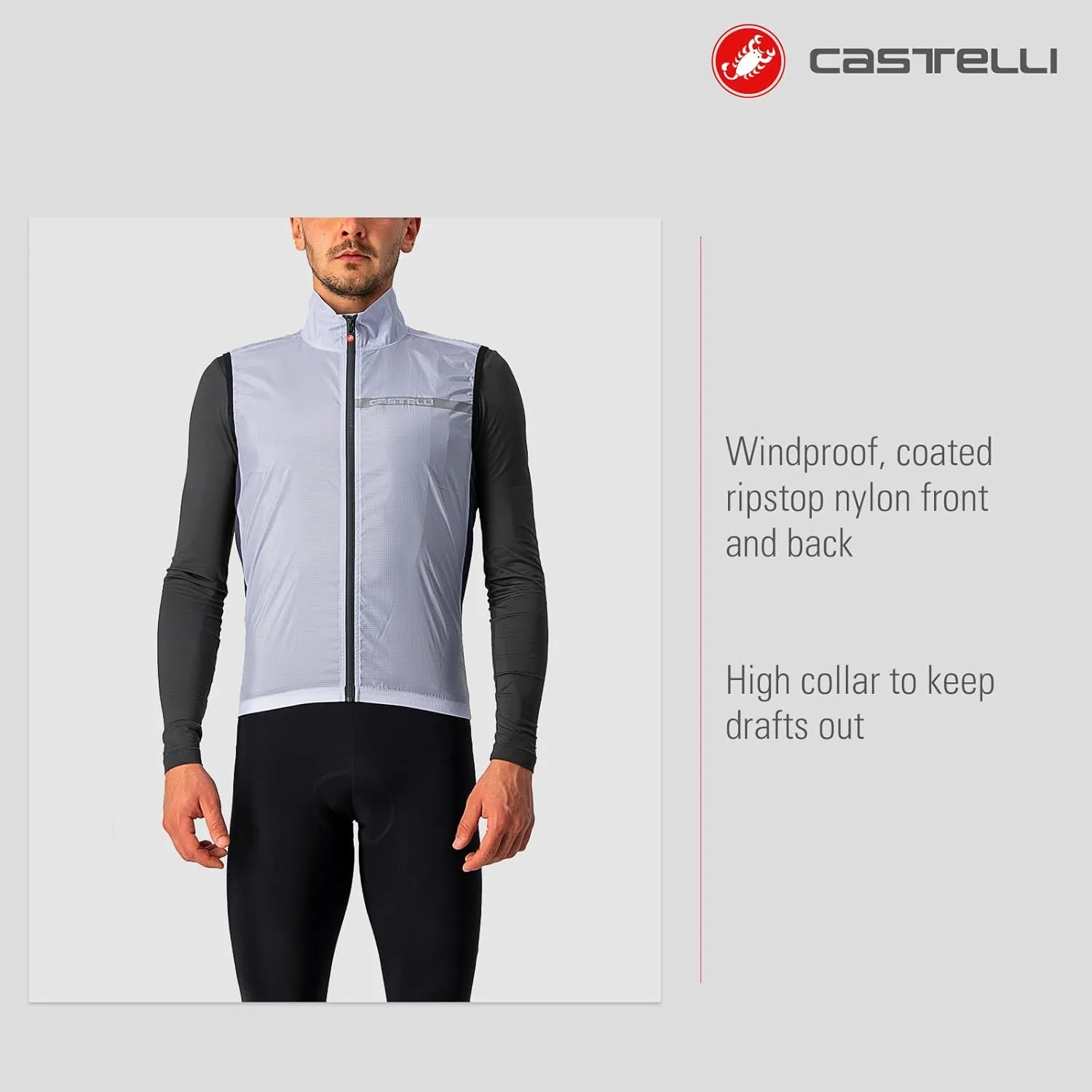 CASTELLI Men's Squadra Stretch Vest, Windproof Full Lenth Zip Shell with High Collar for Road and Gravel Biking I Cycling